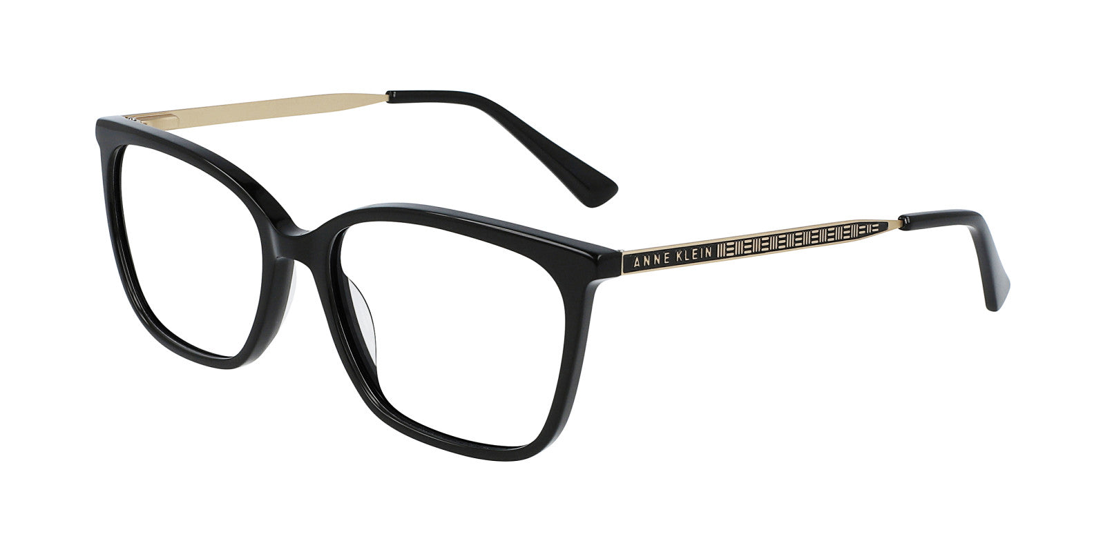 The AK5095 eyeglasses feature a black square frame with gold-accented temple arms and Anne Klein branding, blending modern style and function. Ideal for progressive lenses, they’re a chic choice for contemporary fashion.