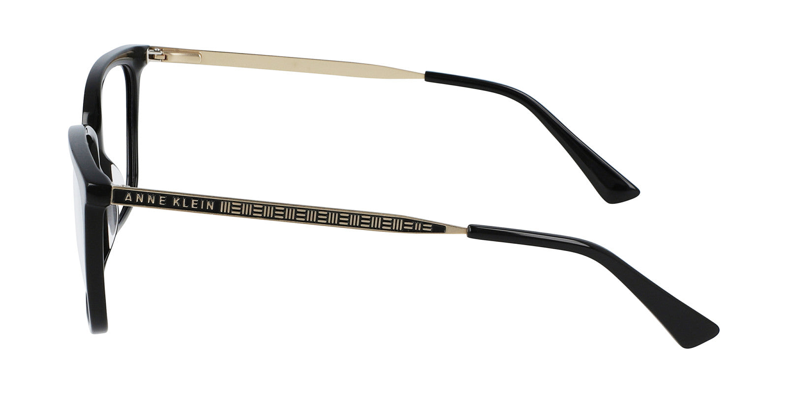 Side view of black Anne Klein AK5095 eyeglasses with gold arms and a geometric pattern on the temples. Distinctive frames support progressive lenses, with ANNE KLEIN in gold lettering on the side.