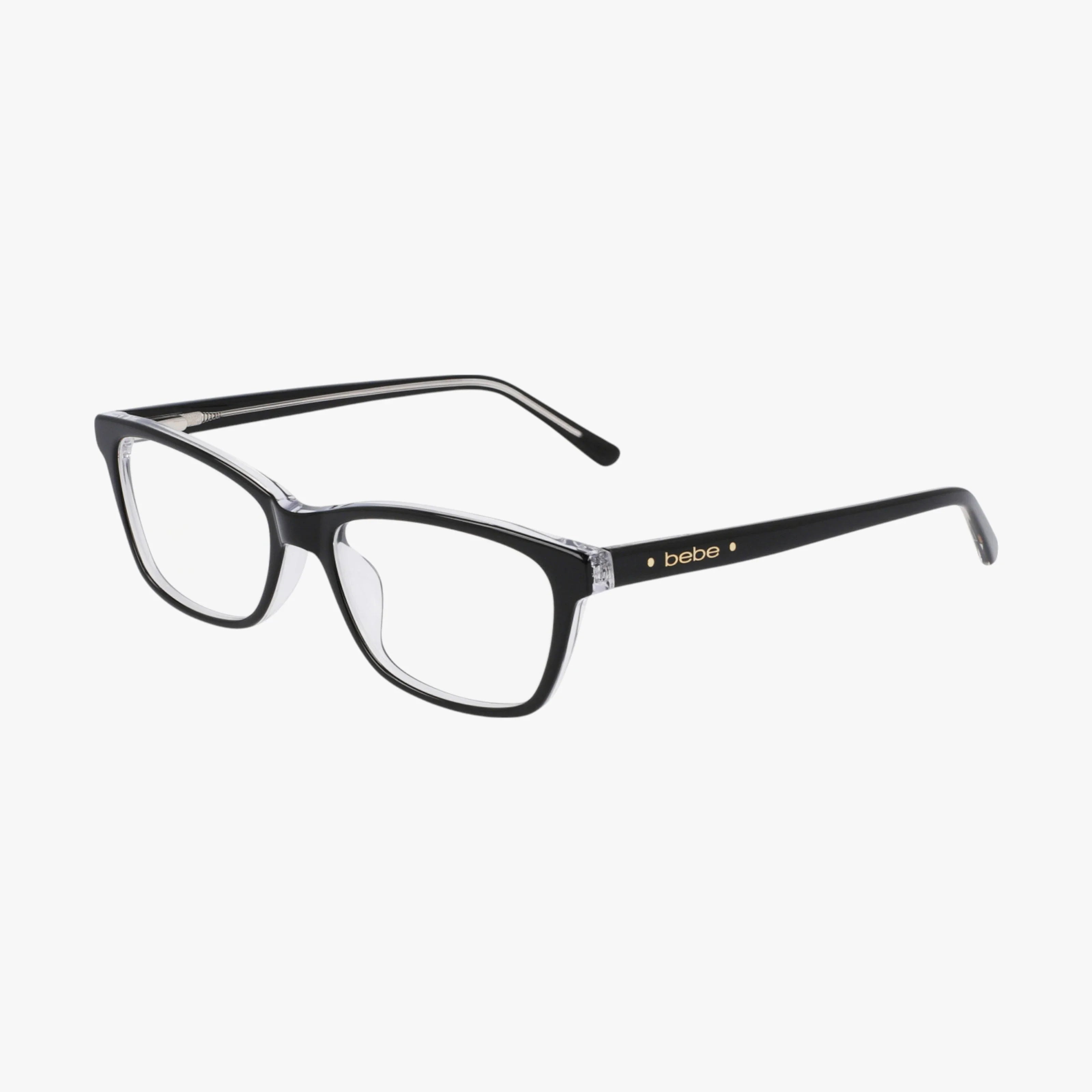 BB5199 black rectangular eyeglasses feature clear prescription lenses, sturdy thick frames, and black arms accented with a gold bebe logo and two gold dots near the hinge, all shown on a white background.