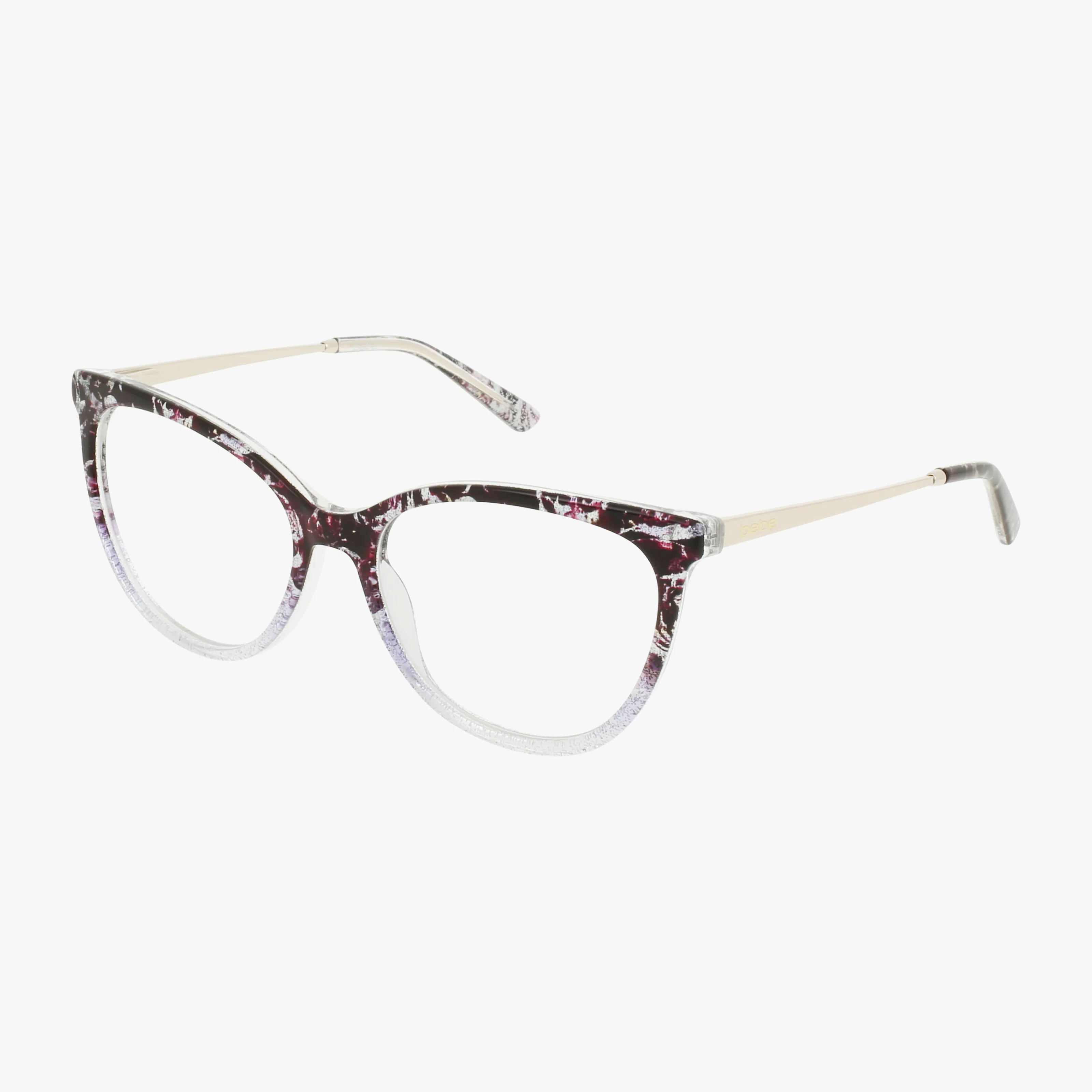 BB5235: Chic cat-eye eyeglasses with a marbled black, white, and purple front, transparent lower rims, and thin gold-colored arms offer a modern look. Shop online for this lasting elegant style.