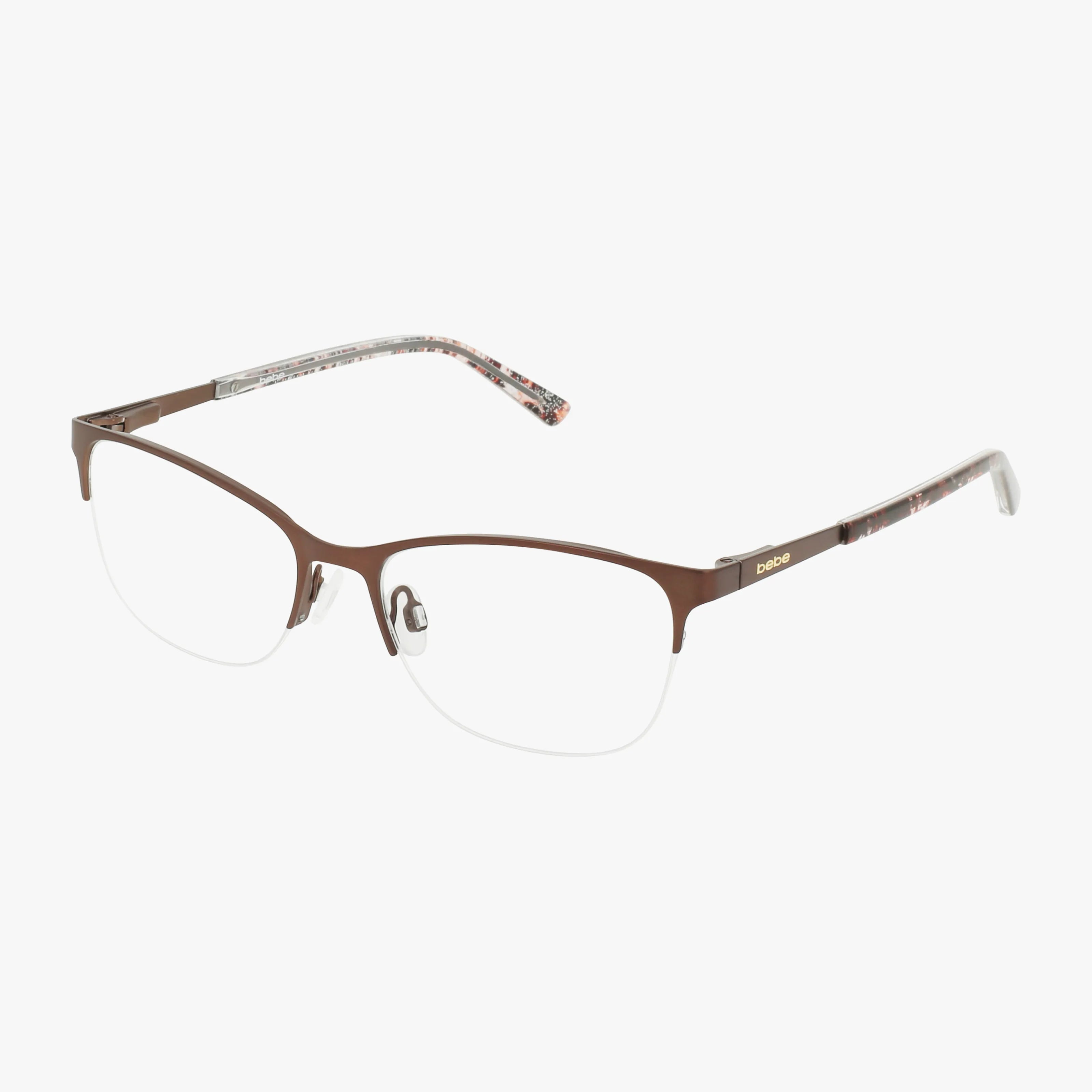 The BB5236 is a pair of semi-rimless eyeglasses with brown metal frames, a minimalist design, adjustable nose pads, and patterned temple tips, shown on a white background.