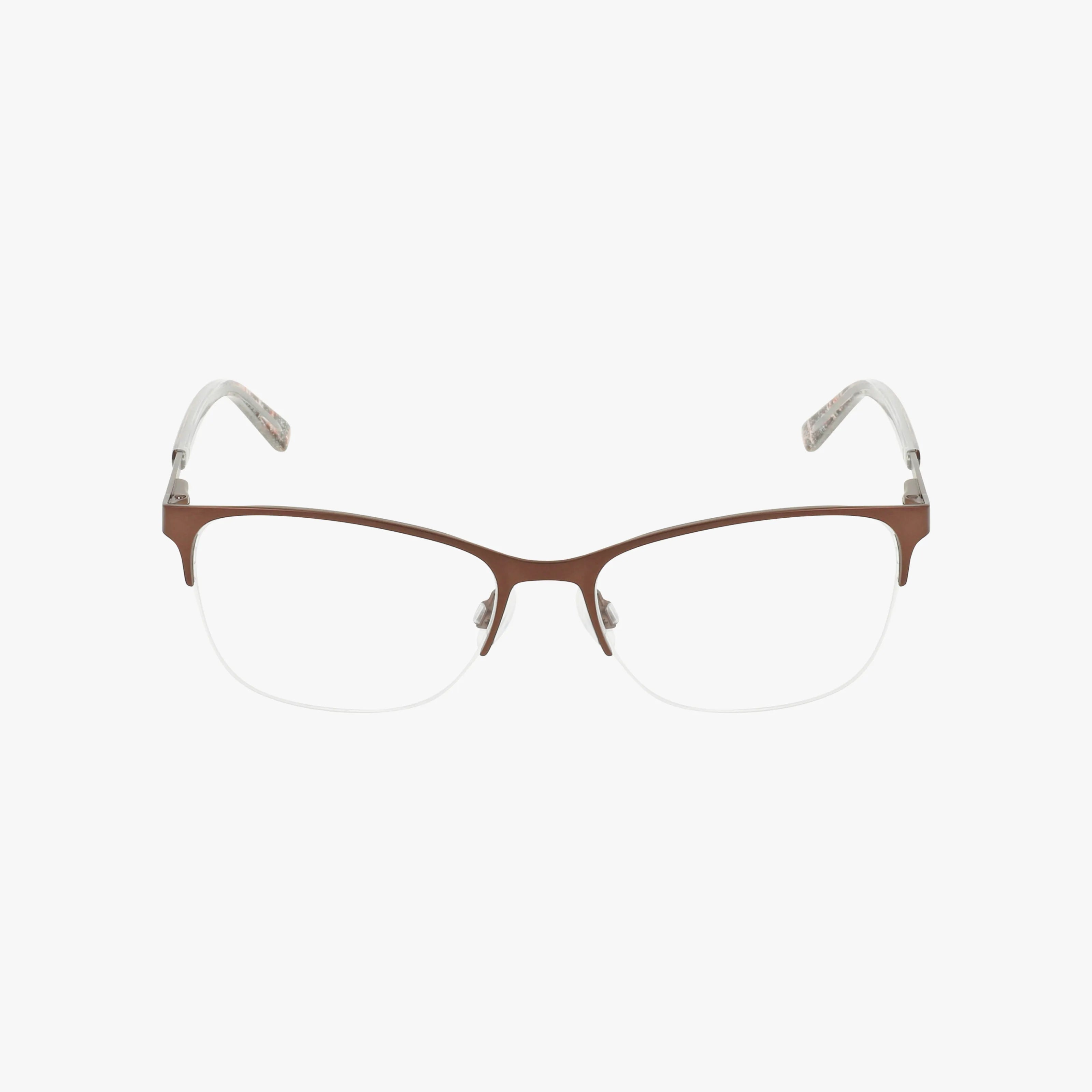 The BB5236 features a brown semi-rimless minimalist frame with clear nose pads and transparent temple tips, combining modern durability with style. Displayed on a plain white background.