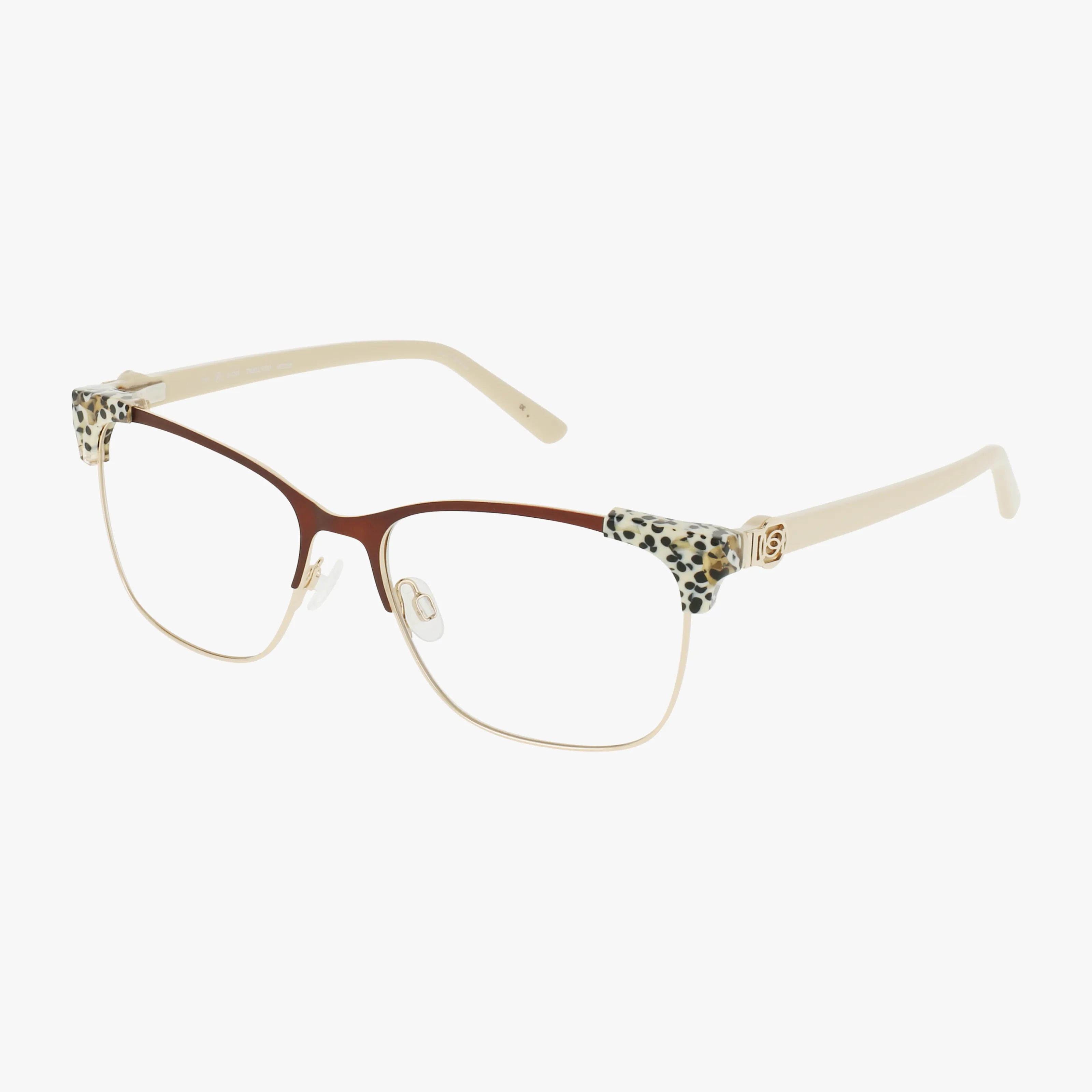 BB5238 cream and brown half-rim eyeglasses feature a modern design with leopard print accents on the upper corners and gold temple arms. Shown on a white background, this resilient frame is available for online purchase.