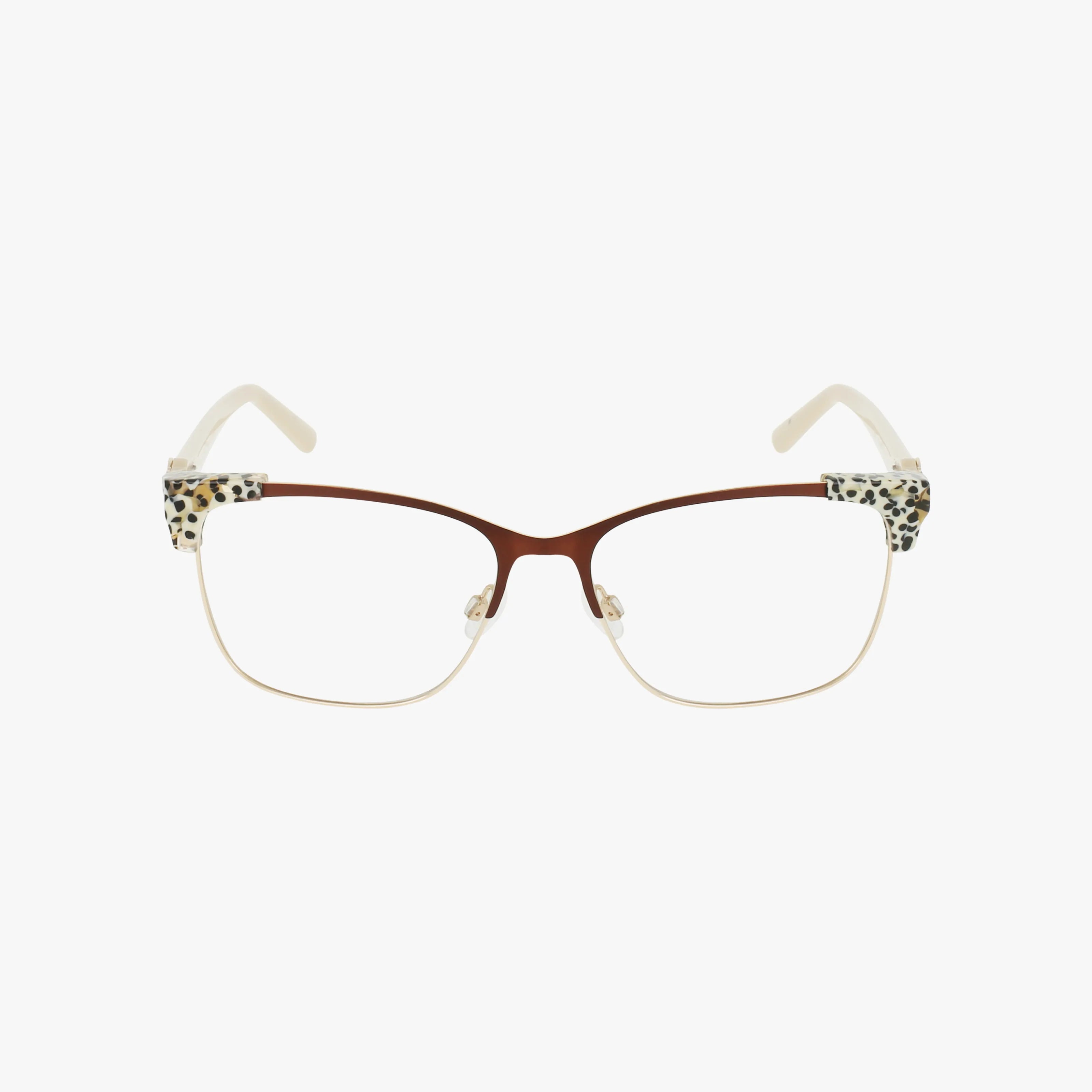 BB5238 eyeglasses feature a thin brown metal frame, clear lenses, ivory temple tips, and leopard print accents on the upper corners, combining stylish design with resilience for lasting durability against a plain white background.