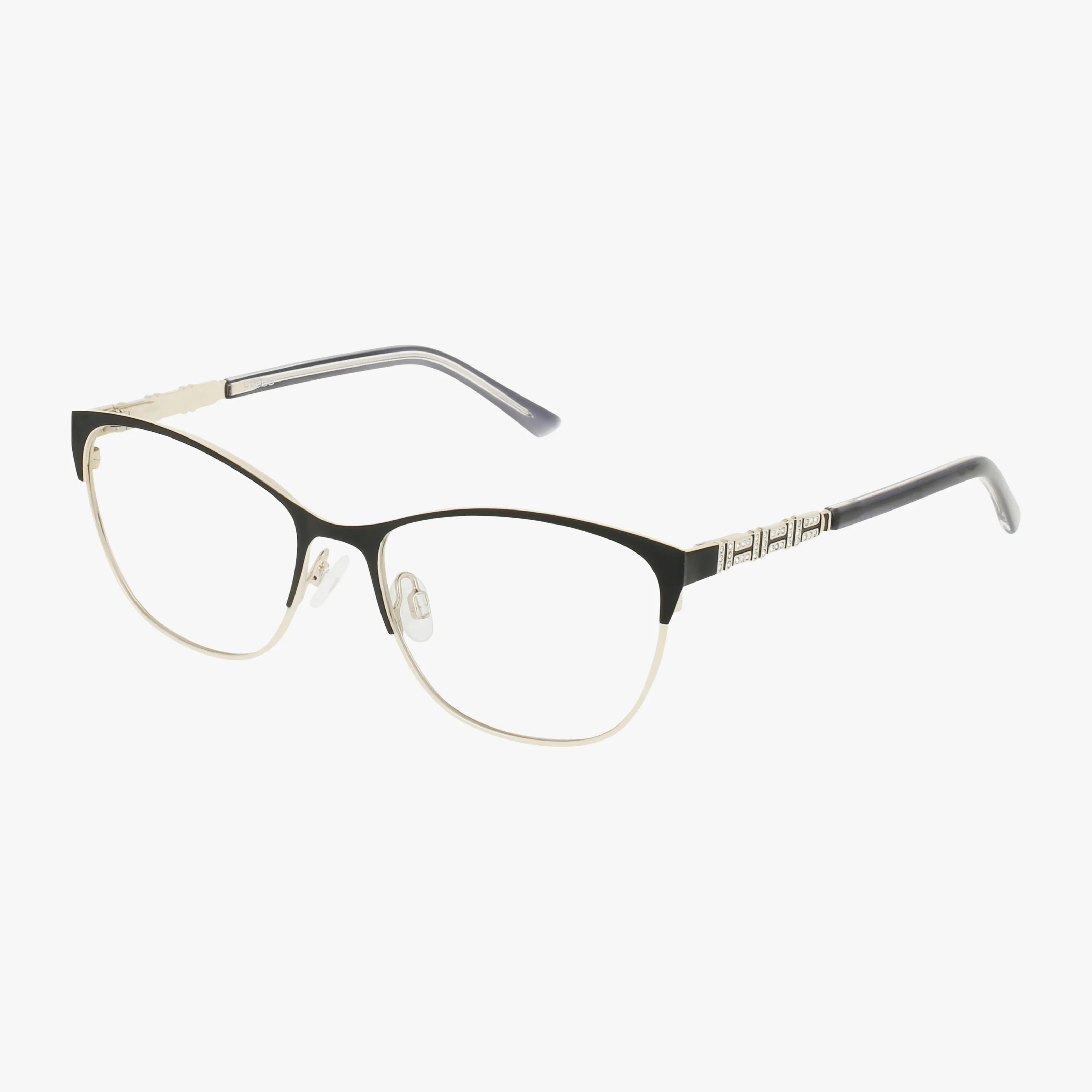 The BB5240 eyeglasses feature a refined black and gold metal frame with rectangular lenses and decorative temple detailing, offering a stylish look.