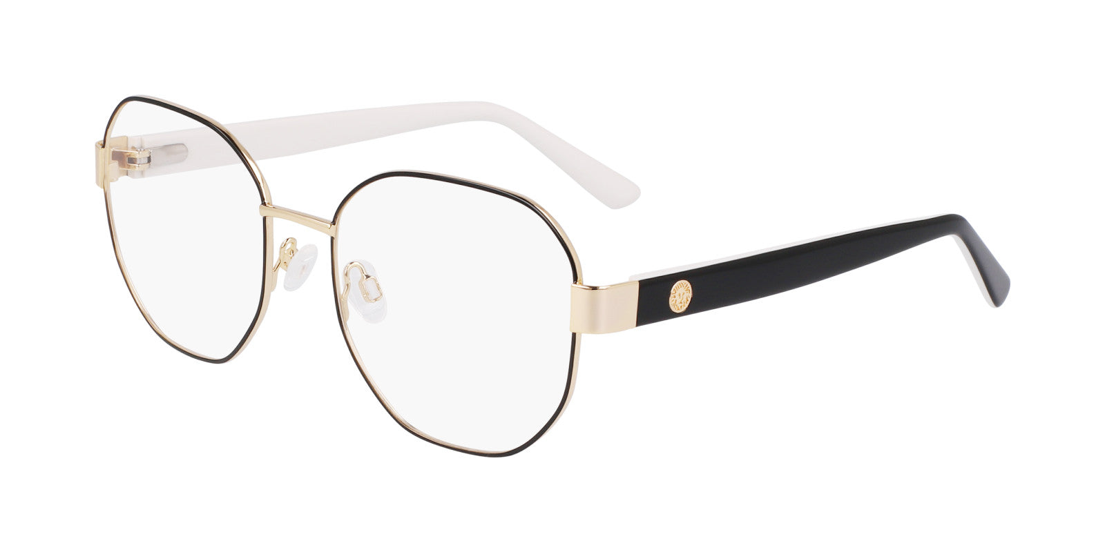 The AK5108 eyeglasses feature gold-rimmed octagonal frames with clear prescription lenses, white nose pads, black temples with a gold emblem by the hinge, and white temple tips for a stylish minimalist look.