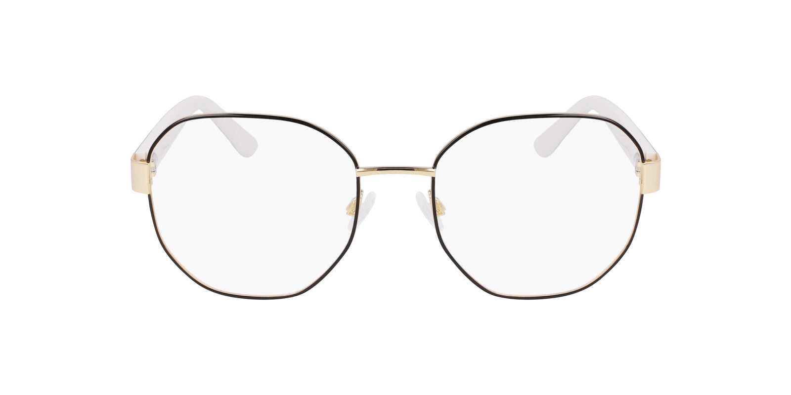 The AK5108 eyeglasses feature large, geometric metal frames in gold and black, a minimalist design, clear lenses, and white plastic temple tips, displayed on a white background.