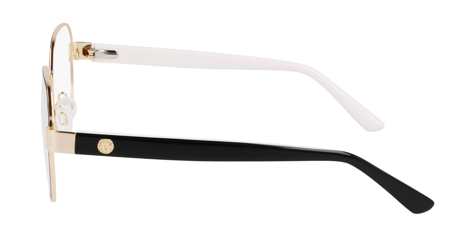 Side view of AK5108 eyeglasses featuring gold metal rims, clear nose pads, and black-and-white arms—the front half is black and the back half is white. The minimalist frame blends modern durability with style, perfect for prescription lenses.
