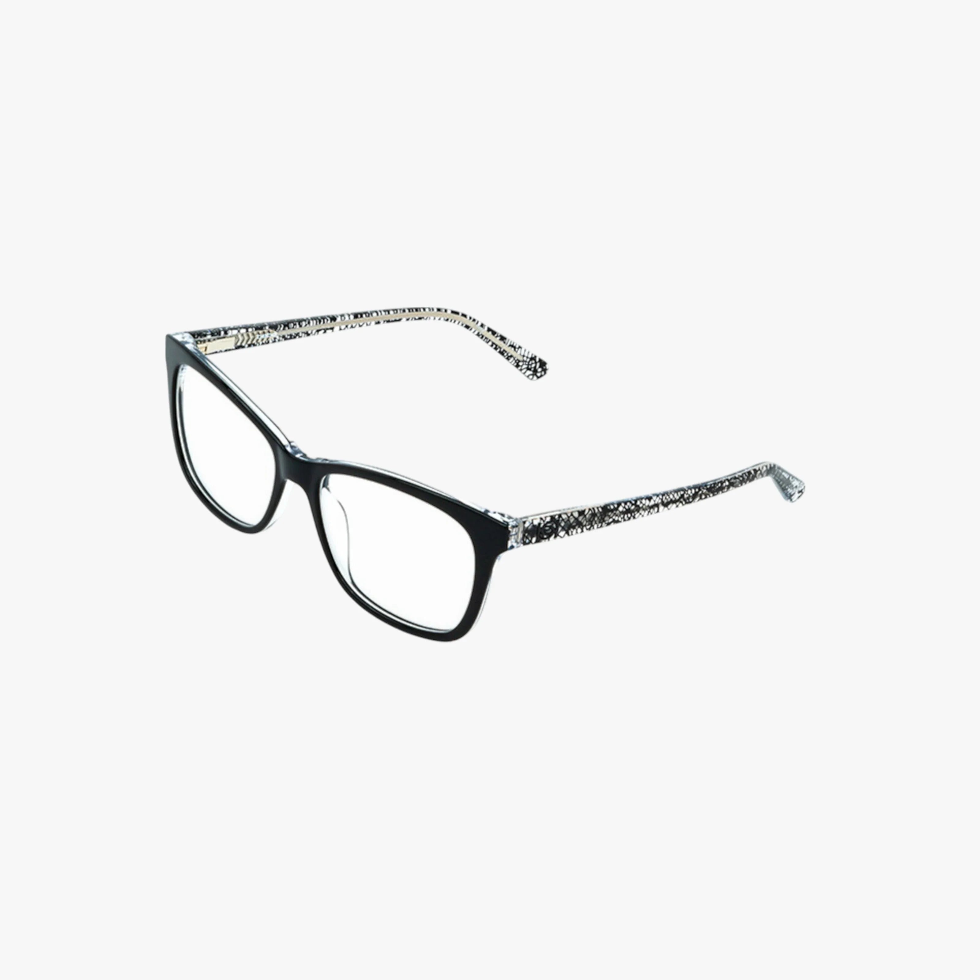 The BB5213 features black rectangular eyeglasses with a contemporary frame, clear lenses, and glittery speckled silver arms, displayed on a white background.