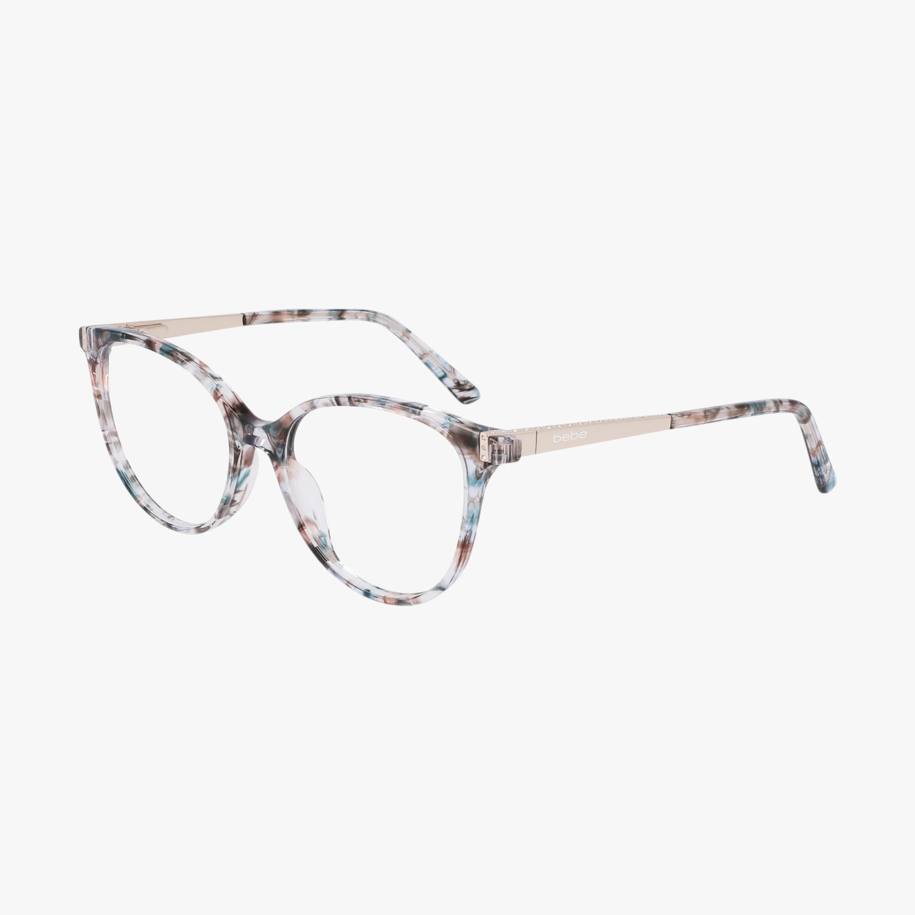 The BB5215 eyeglasses feature round, tortoiseshell-patterned frames in gray and blue, with lightweight construction and thin gold-tone metal arms—ideal for everyday wear against a white background.