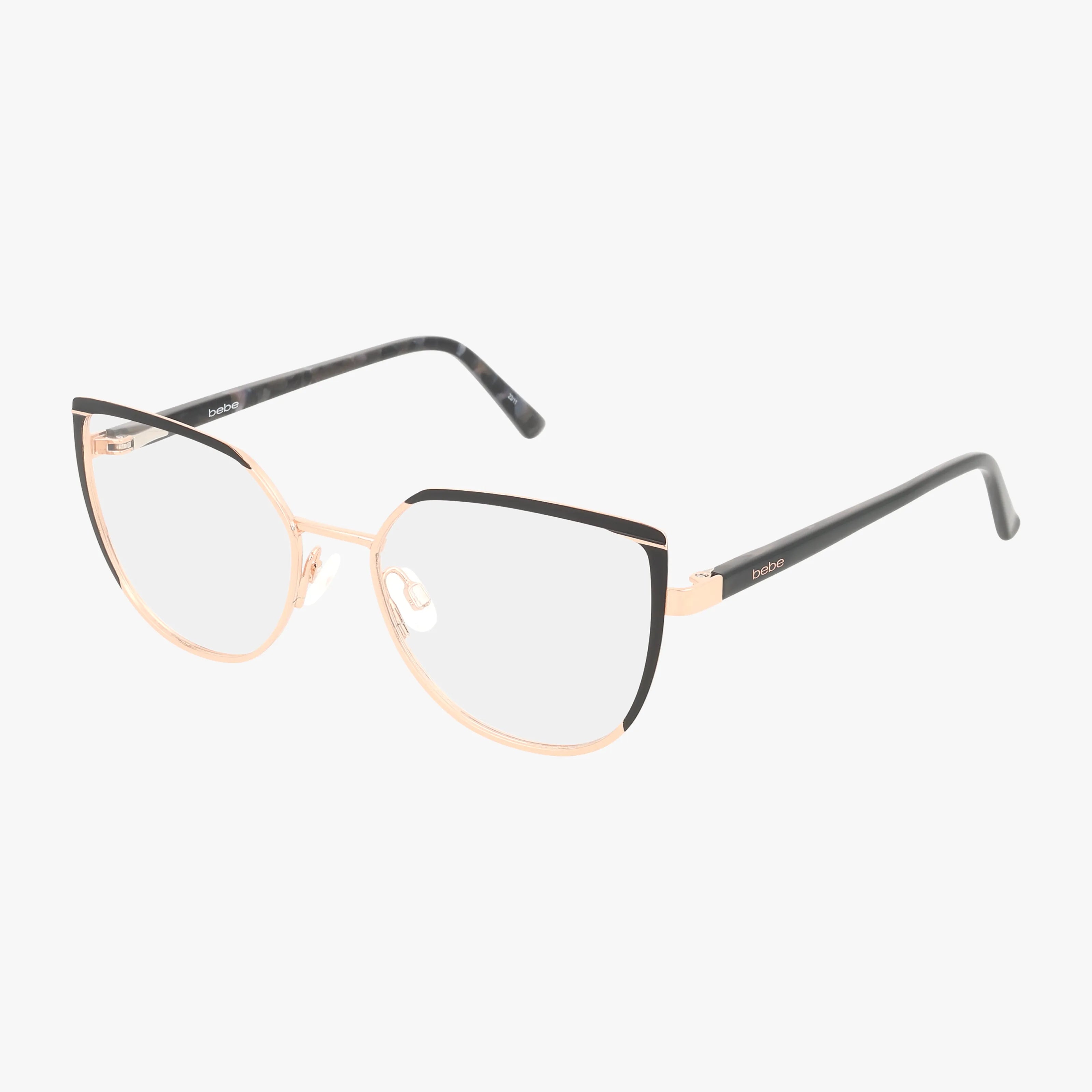 The BB5219 eyeglasses feature a stylish contemporary design with gold metal cat-eye frames, black upper rims, and durable black temples, displayed against a white background.
