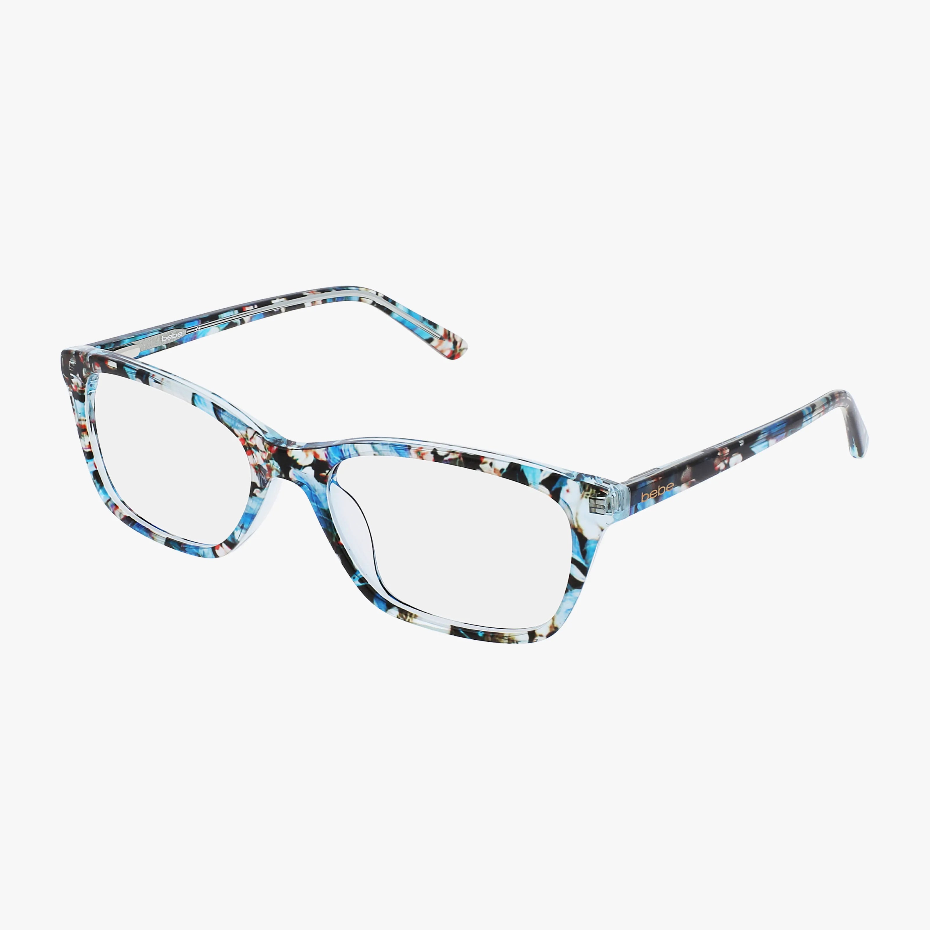 The BB5415 are modern eyeglass frames with rectangular lenses and a multicolored blue, black, and brown pattern, shown on a white background—perfect for anyone looking for lightweight eyewear.