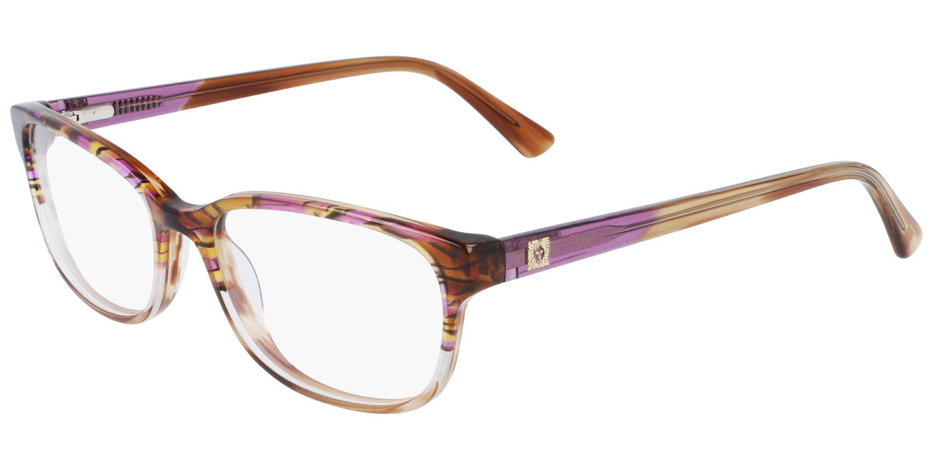 The AK5086 eyeglasses feature round, clear prescription lenses and a modern frame in brown, purple, and beige hues, displayed at an angle on a white background.