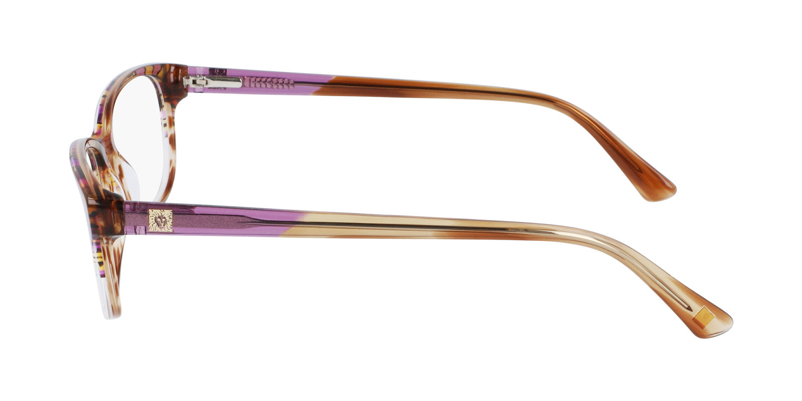 Side view of AK5086 eyeglasses with a durable, translucent brown, beige, and purple modern frame, gold hinge detail, and gently curved arms—perfect for prescription lenses.