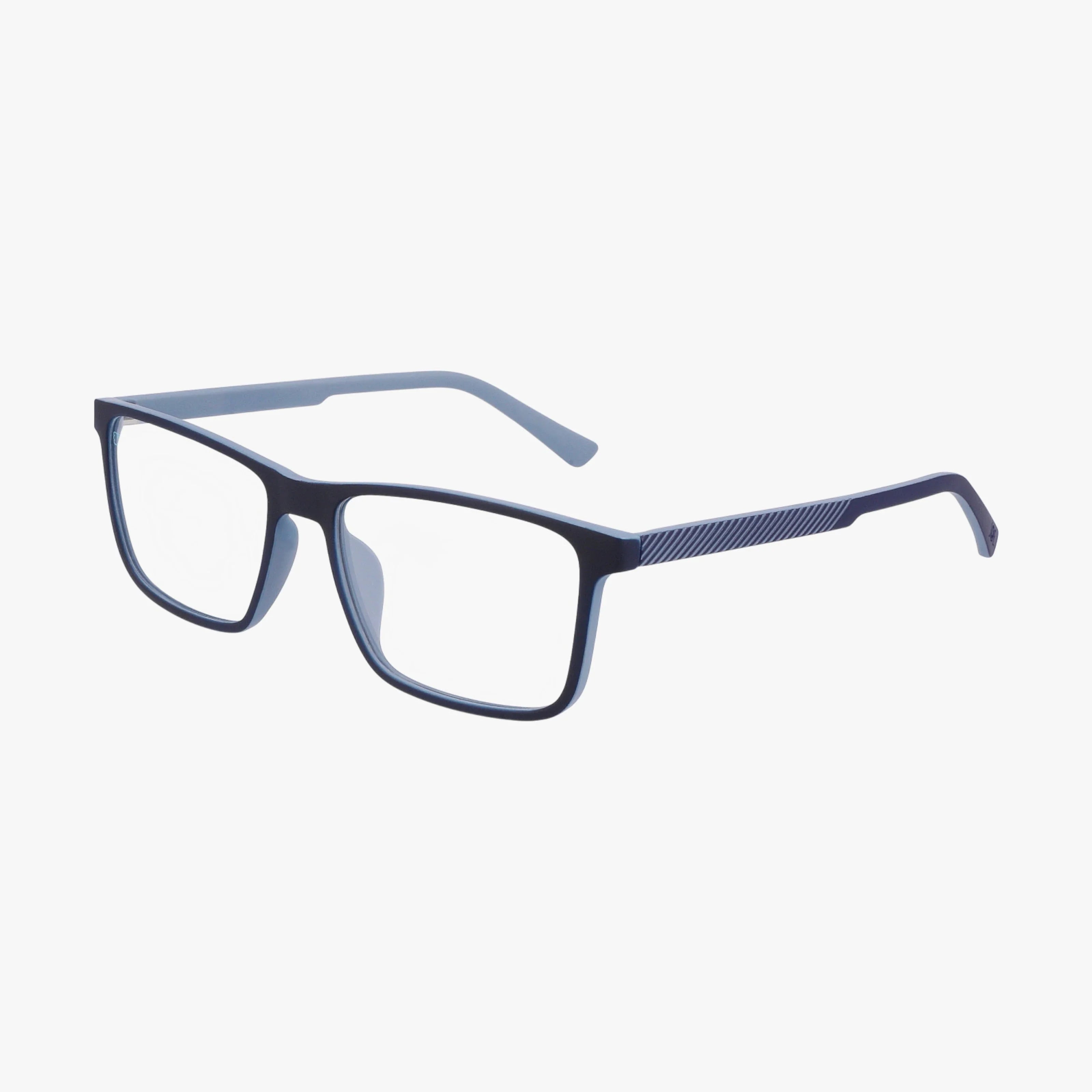 The JOE4098 features rectangular black eyeglasses with transparent lenses and textured, gently curved temples, highlighting quality craftsmanship against a plain white background.