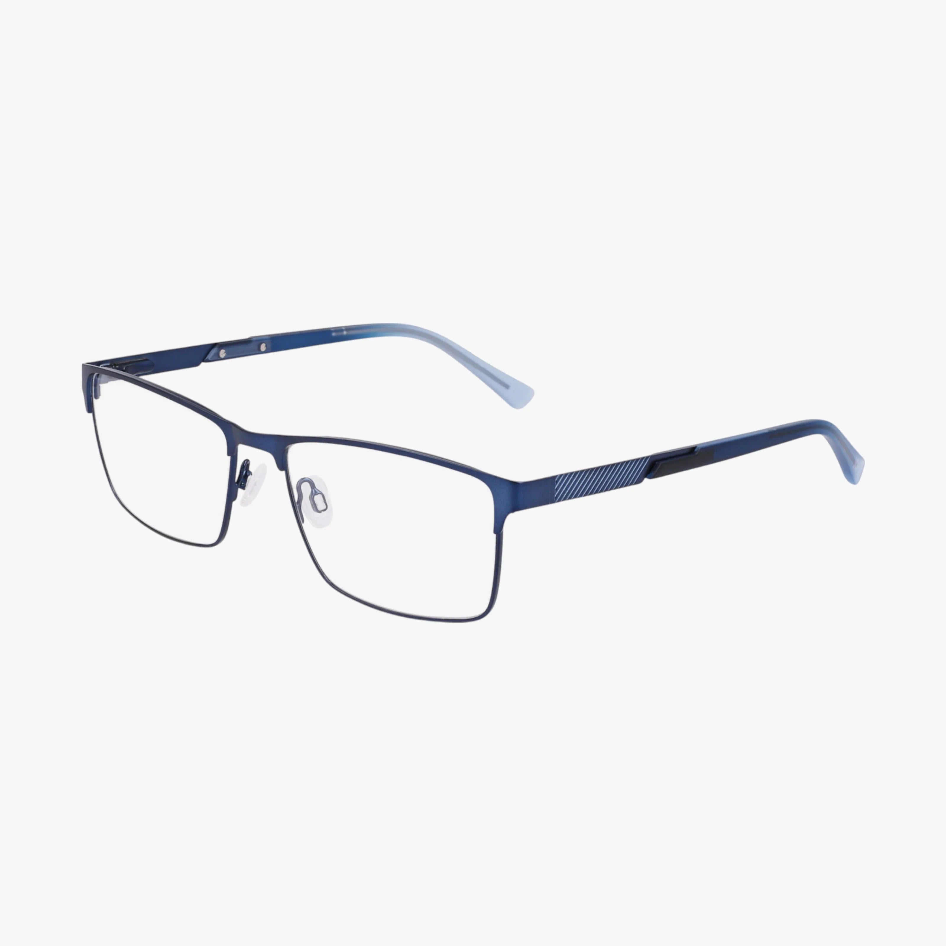 The JOE4108 features a blue rectangular shape with a stylish thin metal frame, clear lenses, adjustable nose pads, and straight temples accented by a subtle diagonal line pattern near the hinges, all shown against a white background.