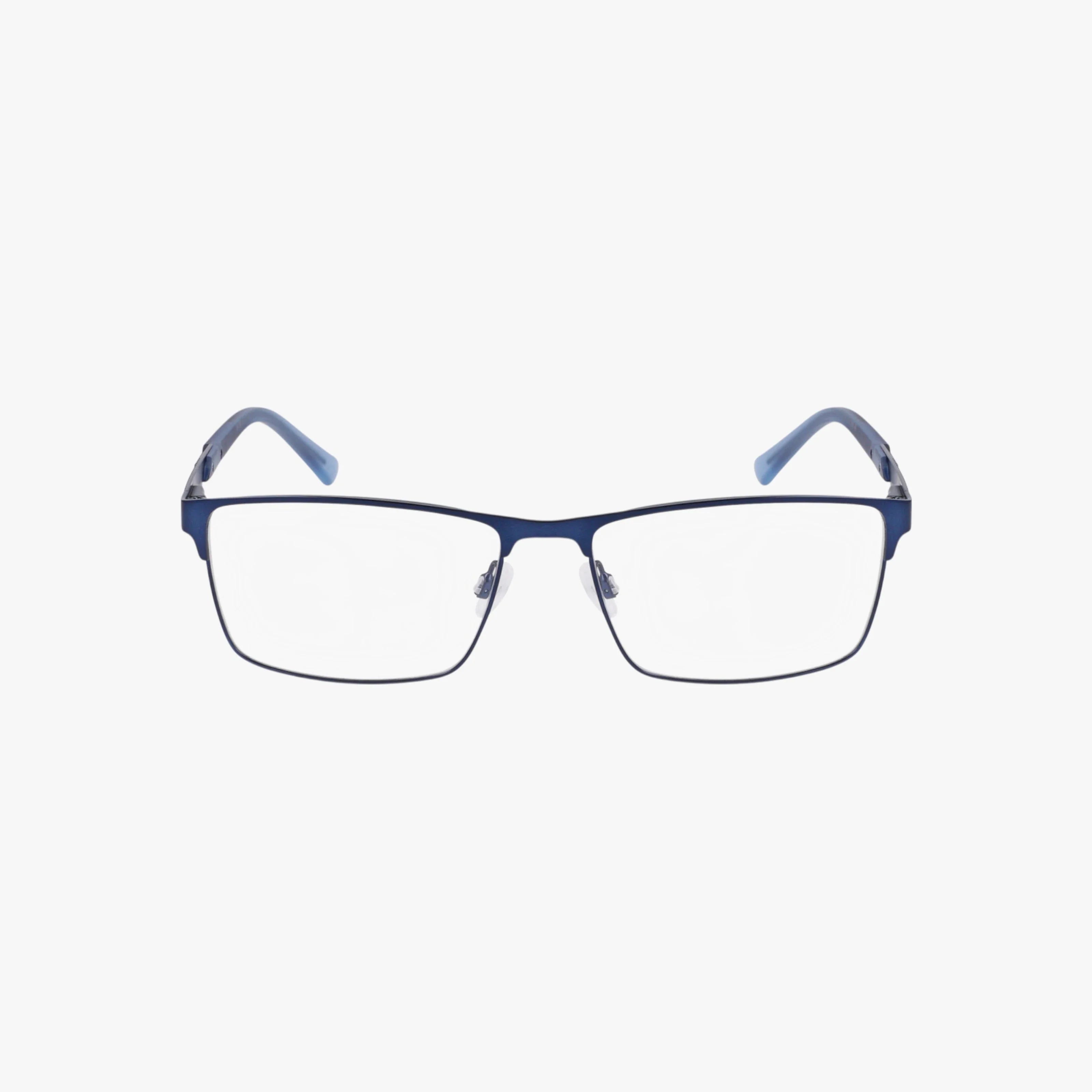 The JOE4108 features blue rectangular eyeglasses with a stylish thin metal frame and clear lenses, displayed on a white background and viewed from the front.