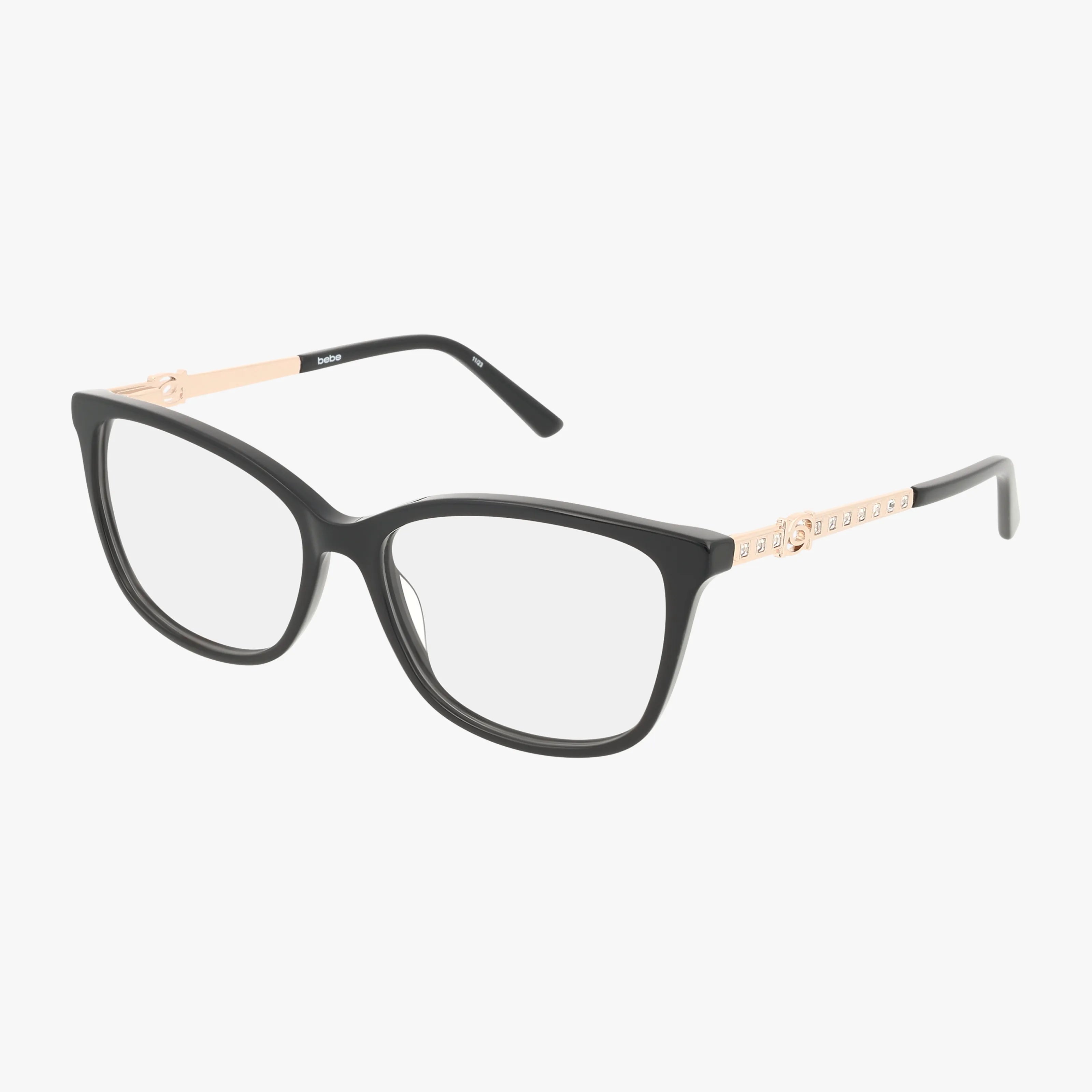 The BB5234 eyeglasses feature a polished black rectangular frame, gold metal arms with decorative temple details, and clear lenses—a modern design that offers both style and lasting durability.