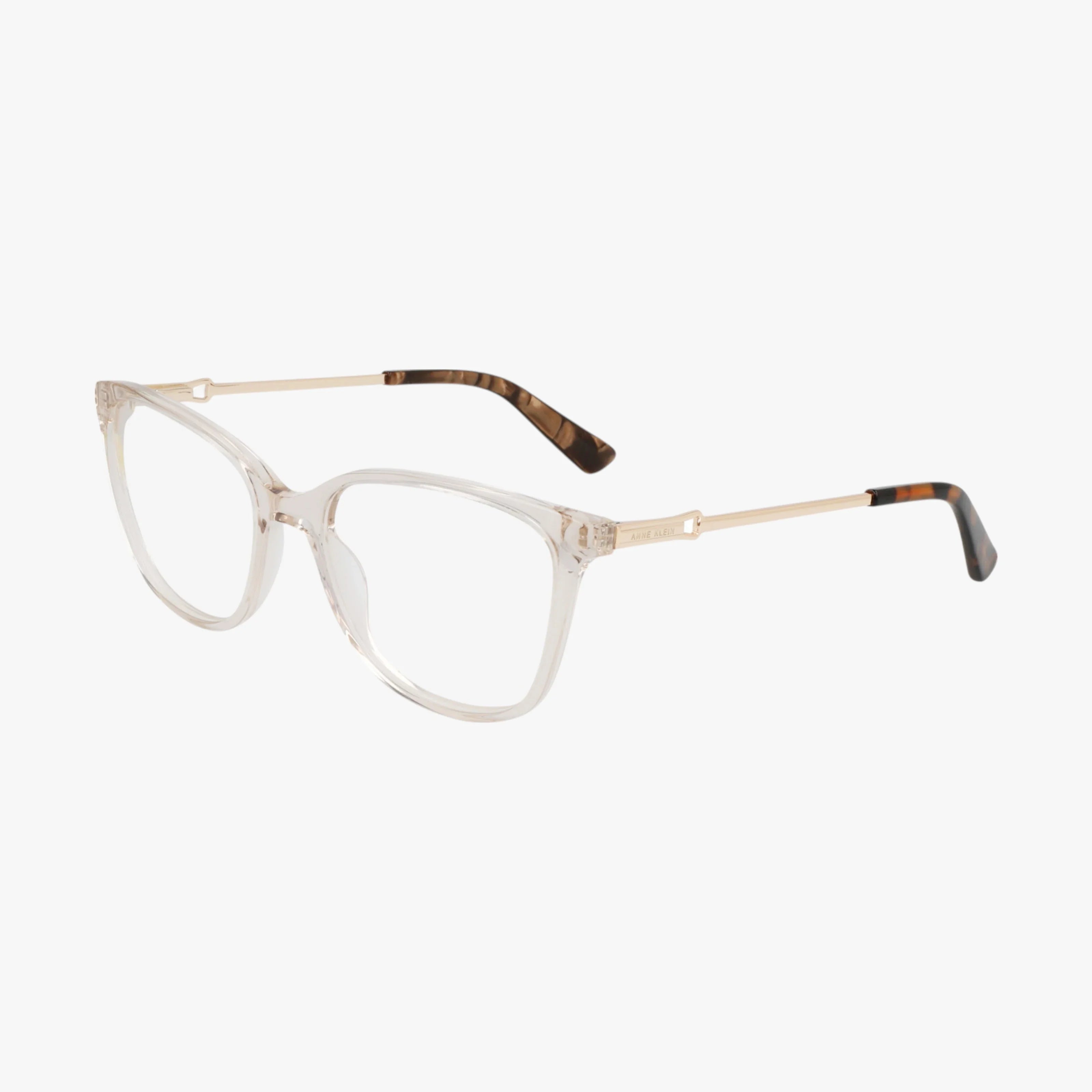 The AK5115 features clear plastic frames with a bold design, gold metal arms, and dark tortoiseshell tips, showcased on a plain white background.