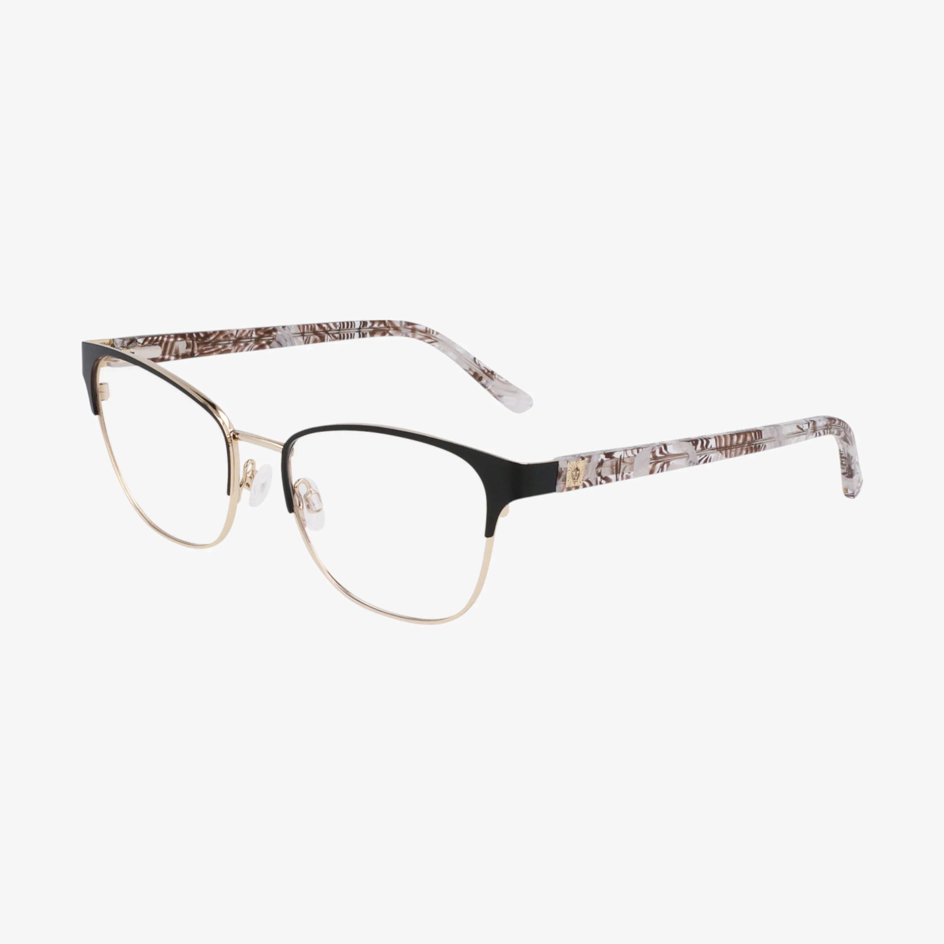 The AK5118 features classic black and gold frames, clear nose pads, and temples with a brown and white floral pattern on a white base—ideal for anyone seeking timeless style in modern eyeglass frames.