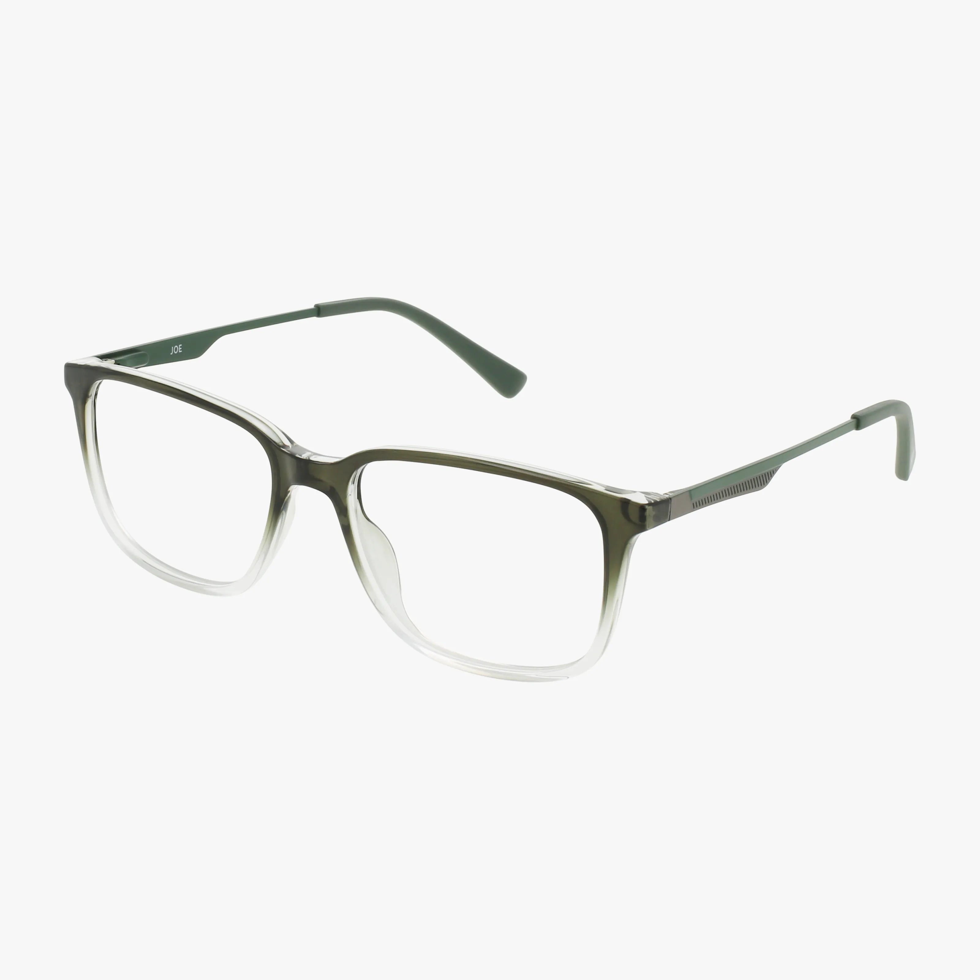 The JOE4115 features rectangular eyeglasses with translucent gray-green frames and thin arms, offering a sleek, modern look—displayed on a white background.