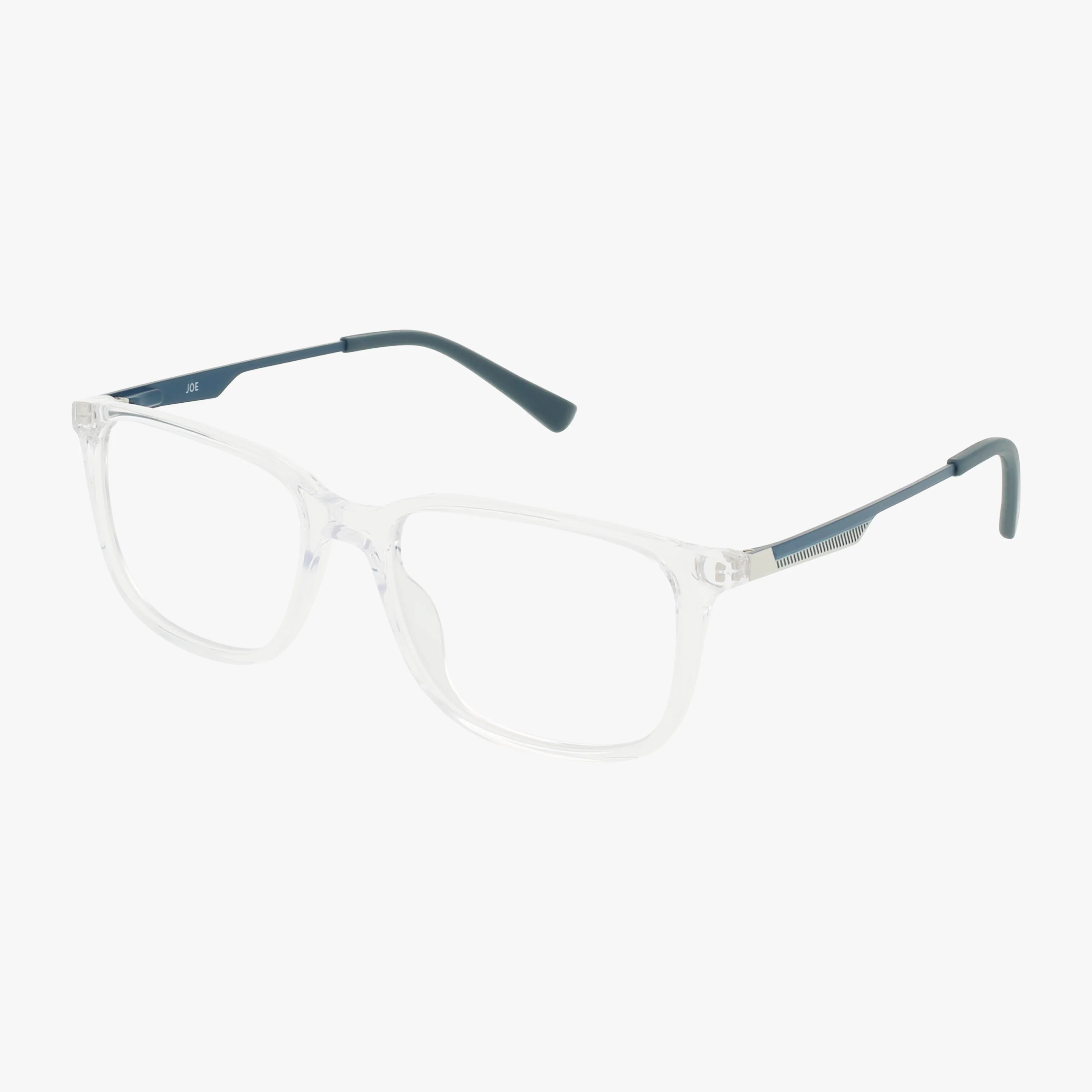 The JOE4115 features clear rectangular eyeglass frames with transparent rims and dark gray temples for a modern, sleek look, shown against a white background.