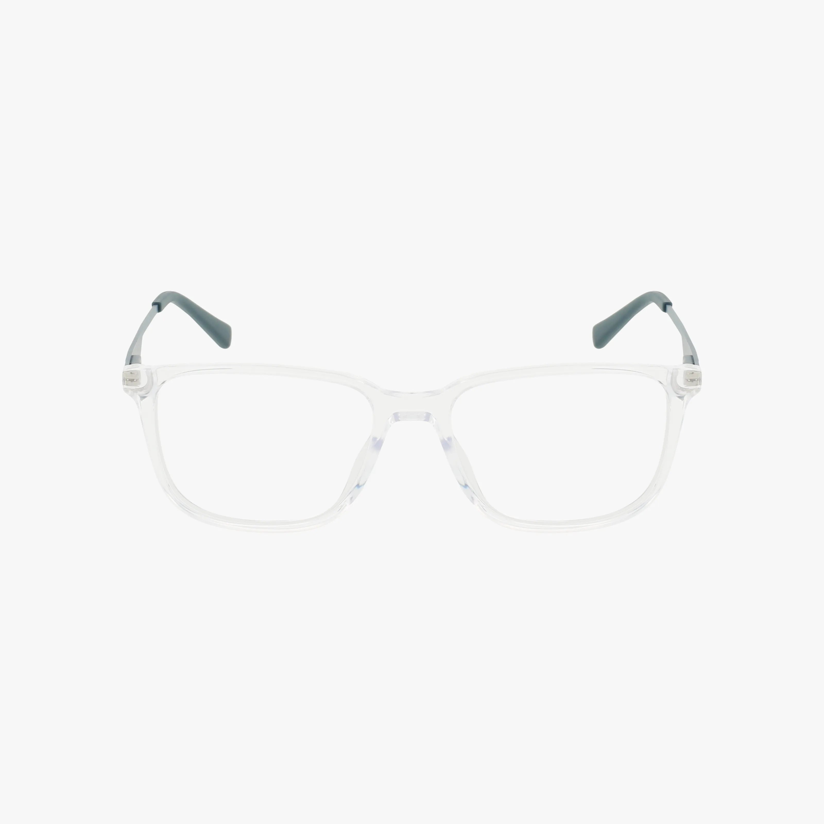 JOE4115: Clear rectangular eyeglasses with translucent frames and dark gray temple tips, offering a modern eyewear style, displayed on a white background.