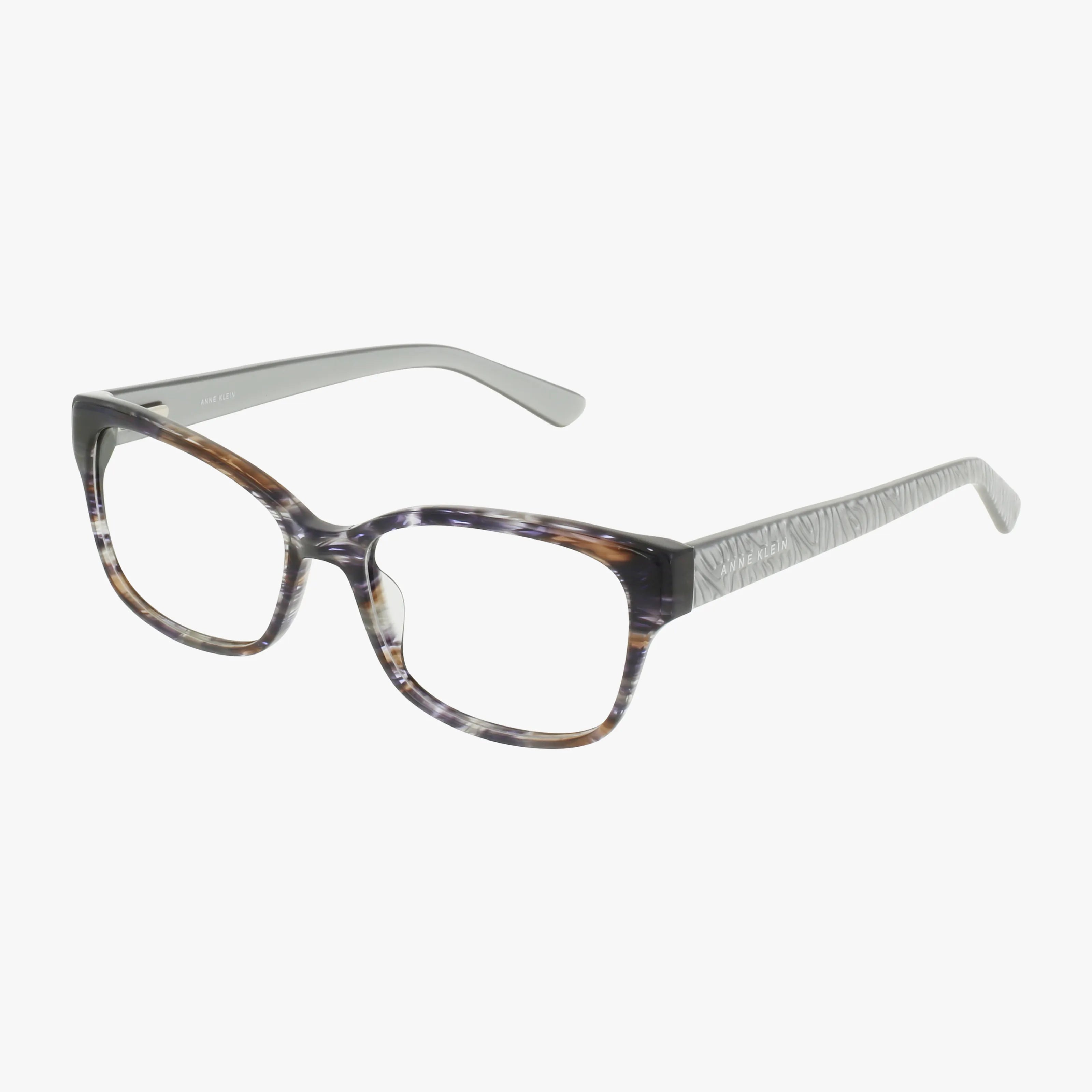 The AK5119 eyeglasses feature a lightweight rectangular frame in translucent gray and brown marble, clear textured temples, perfect for daily wear, and are shown on a white background.
