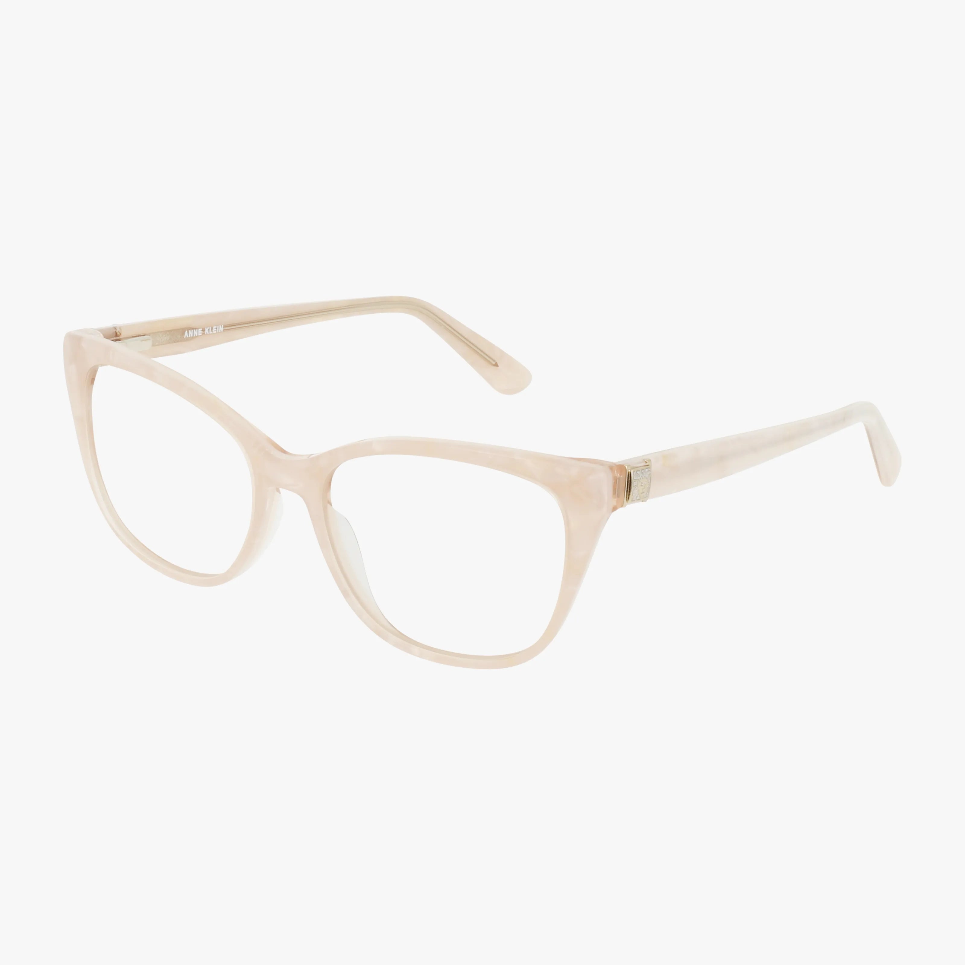 The AK5121 eyeglasses feature a light beige, semi-translucent frame with a subtle cat-eye shape and slim arms, offering a sleek yet sturdy look against a plain white background.