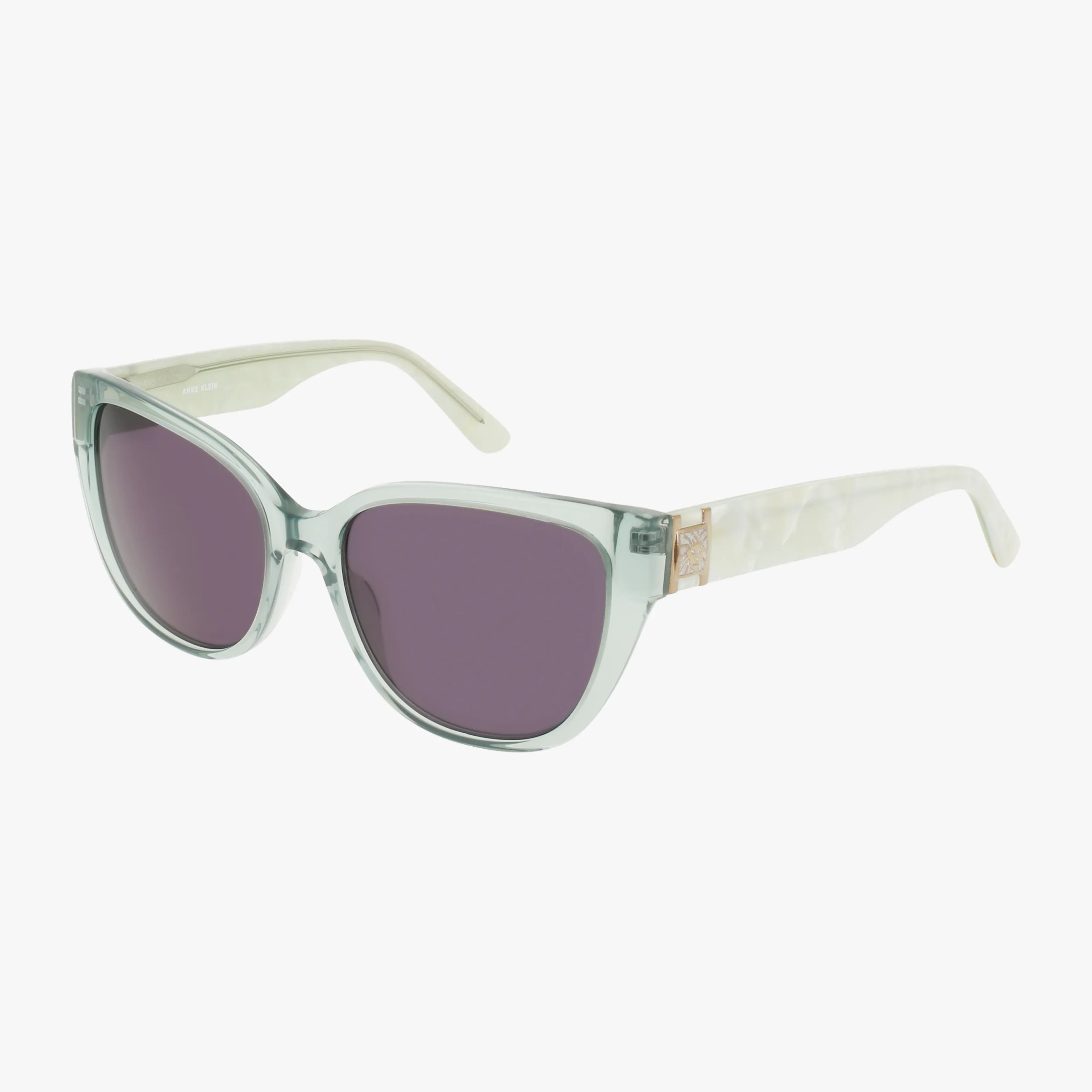AK7103 sunglasses feature translucent light green cat-eye frames, purple lenses, and pearlescent white arms for stylish UV protection, shown on a white background.