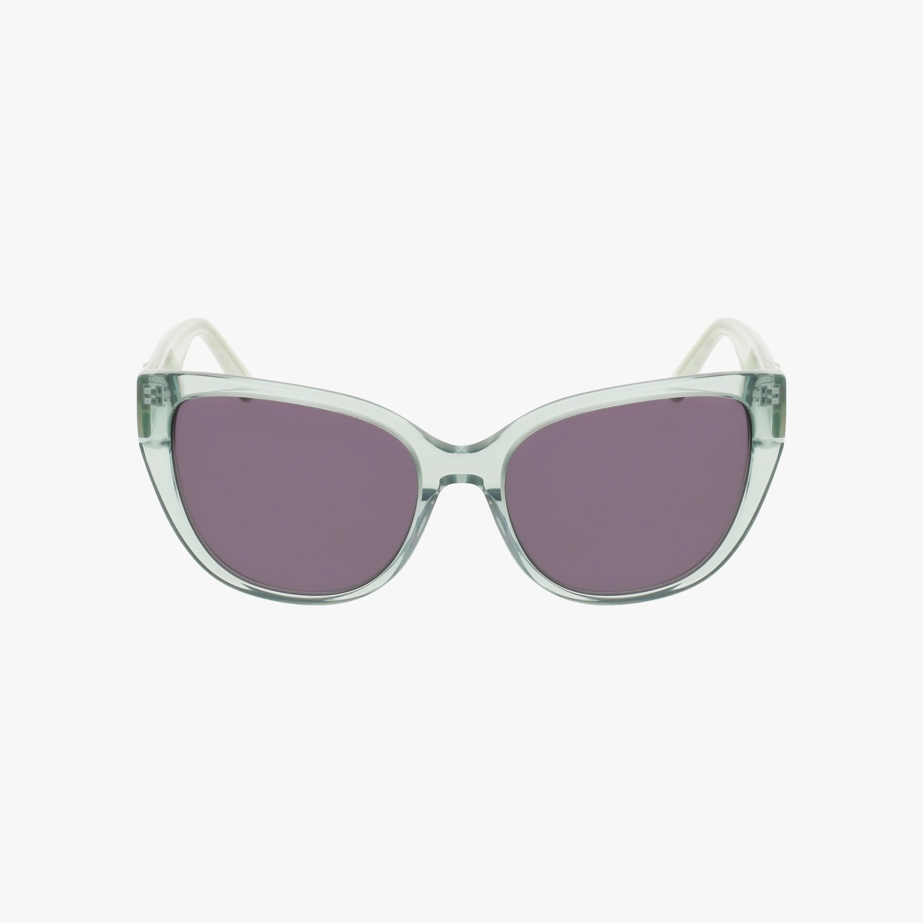 The AK7103 sunglasses are translucent light green cat-eyes with purple-tinted UV-protection lenses, shown front-facing on a white background.