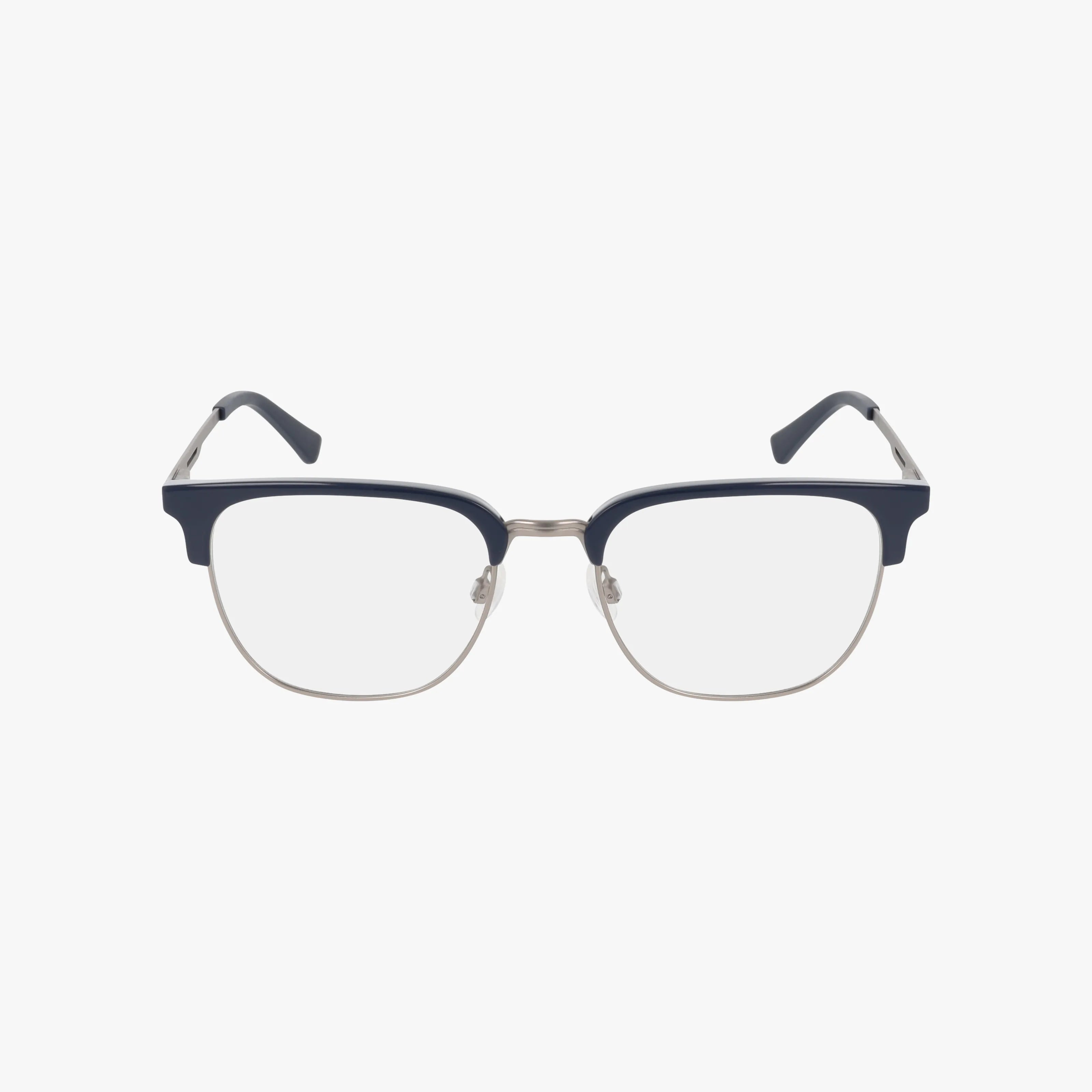 Front view of eyeglasses model 4122 with clear lenses, featuring a navy blue top frame and silver metal rims and arms, set against a plain white background.