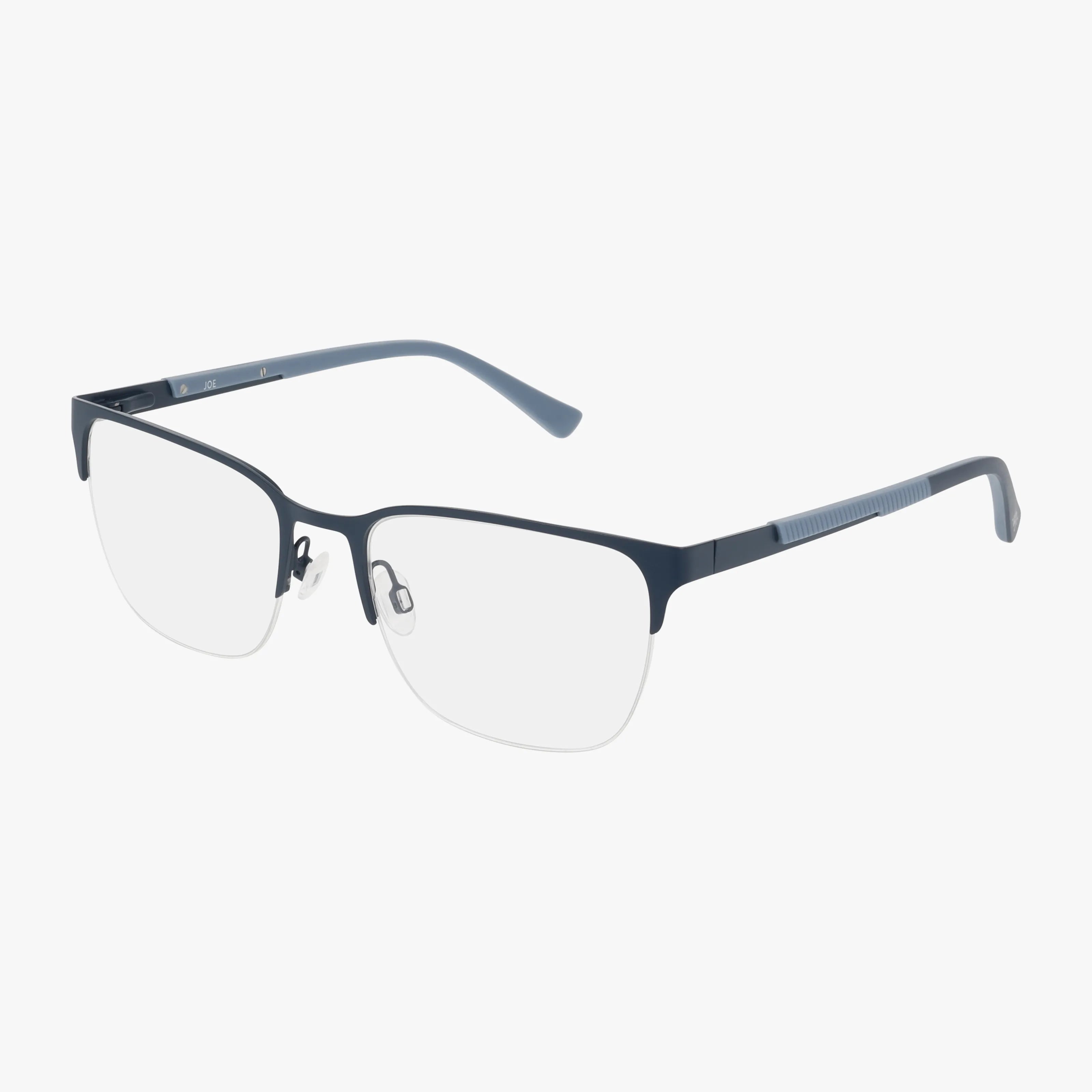 The 4124 semi-rimless eyeglasses feature a dark blue metal frame, clear lenses, adjustable nose pads, and textured temple arms for a robust and elegant design, shown on a white background.