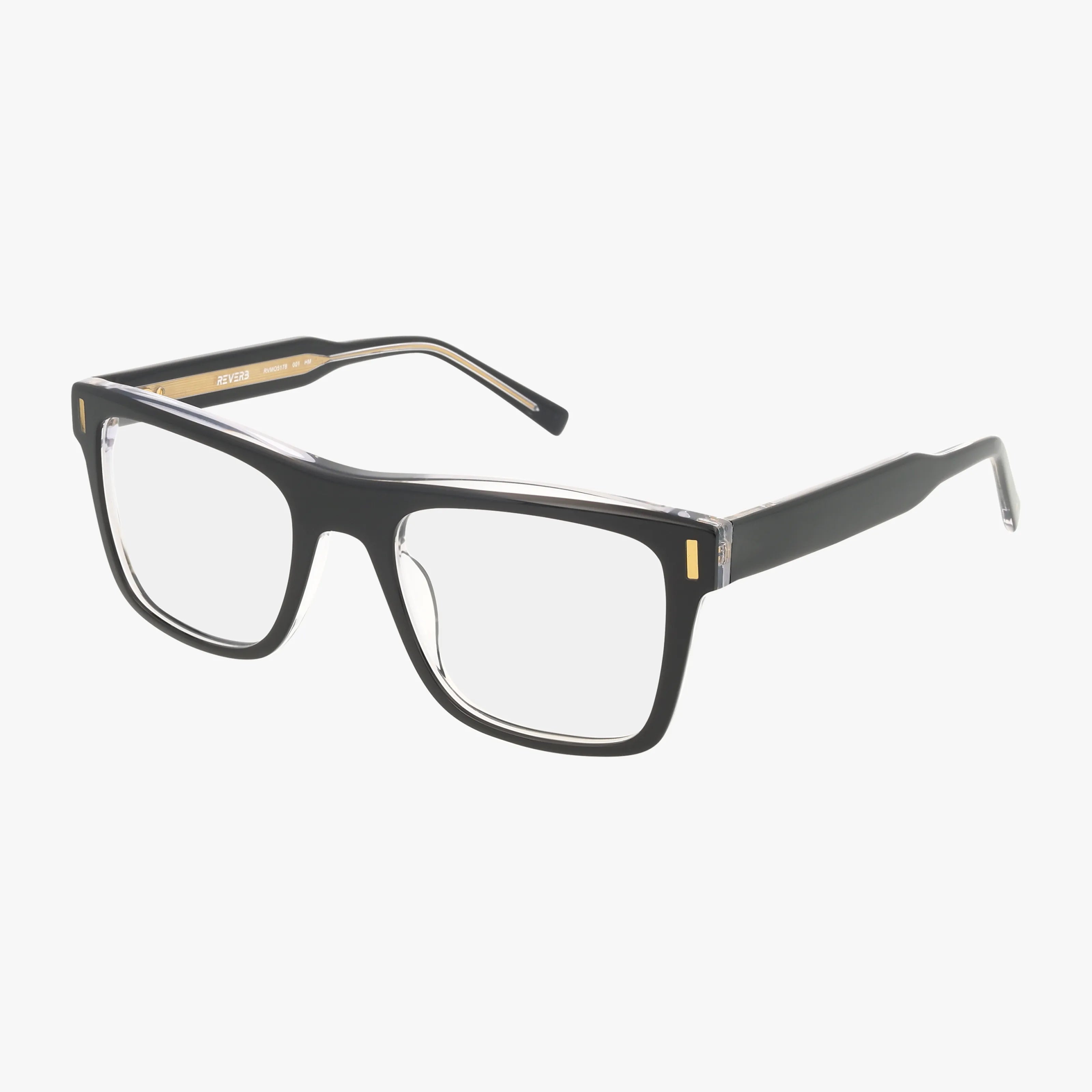 The RVMO5178 black rectangular eyeglasses feature clear lenses, gold temple accents, and a lightweight frame for a versatile look, shown on a white background.