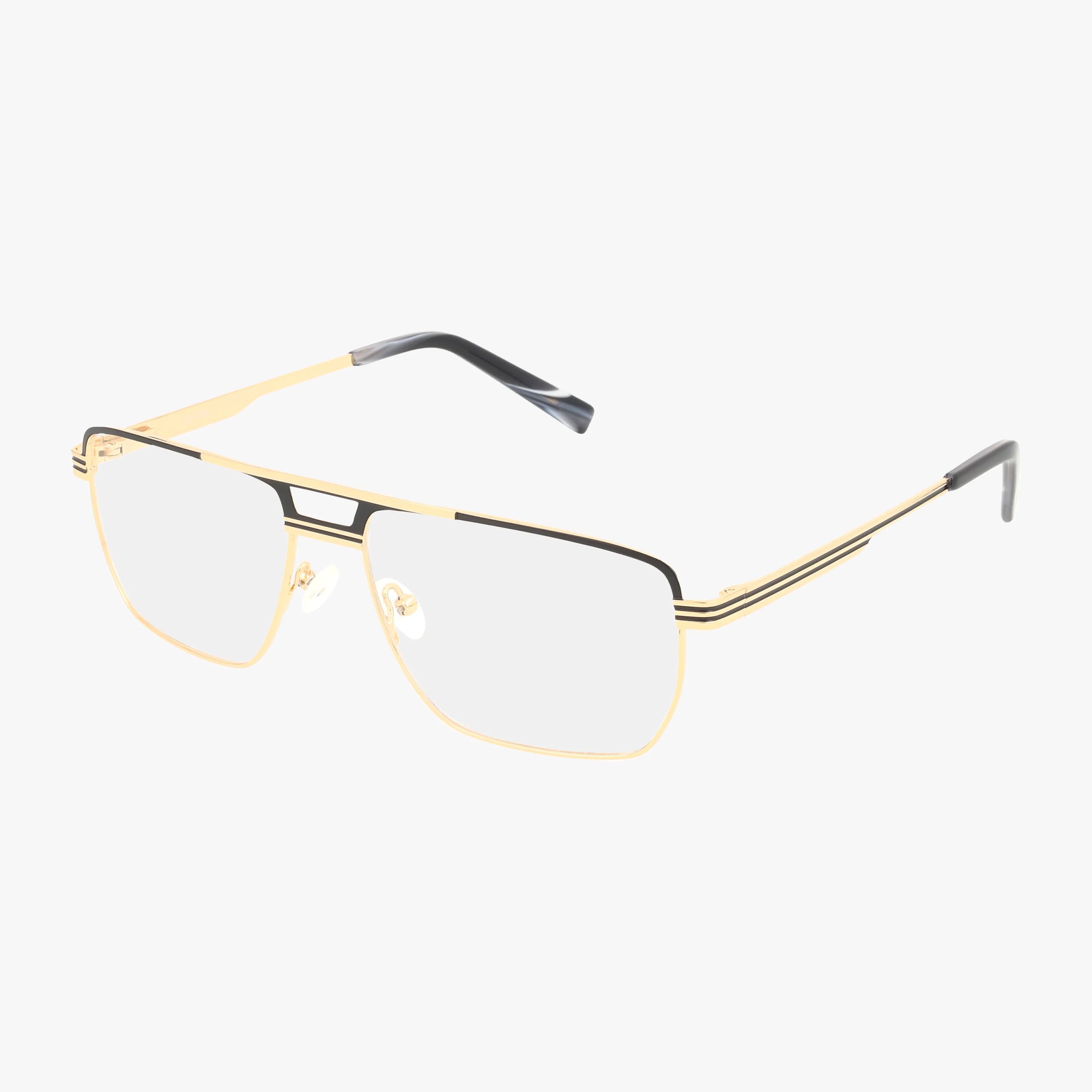 The RVMO5158 gold metal aviator-style eyeglasses feature a double bridge, black temple tips, quality craftsmanship, and a lightweight frame, shown on a white background.