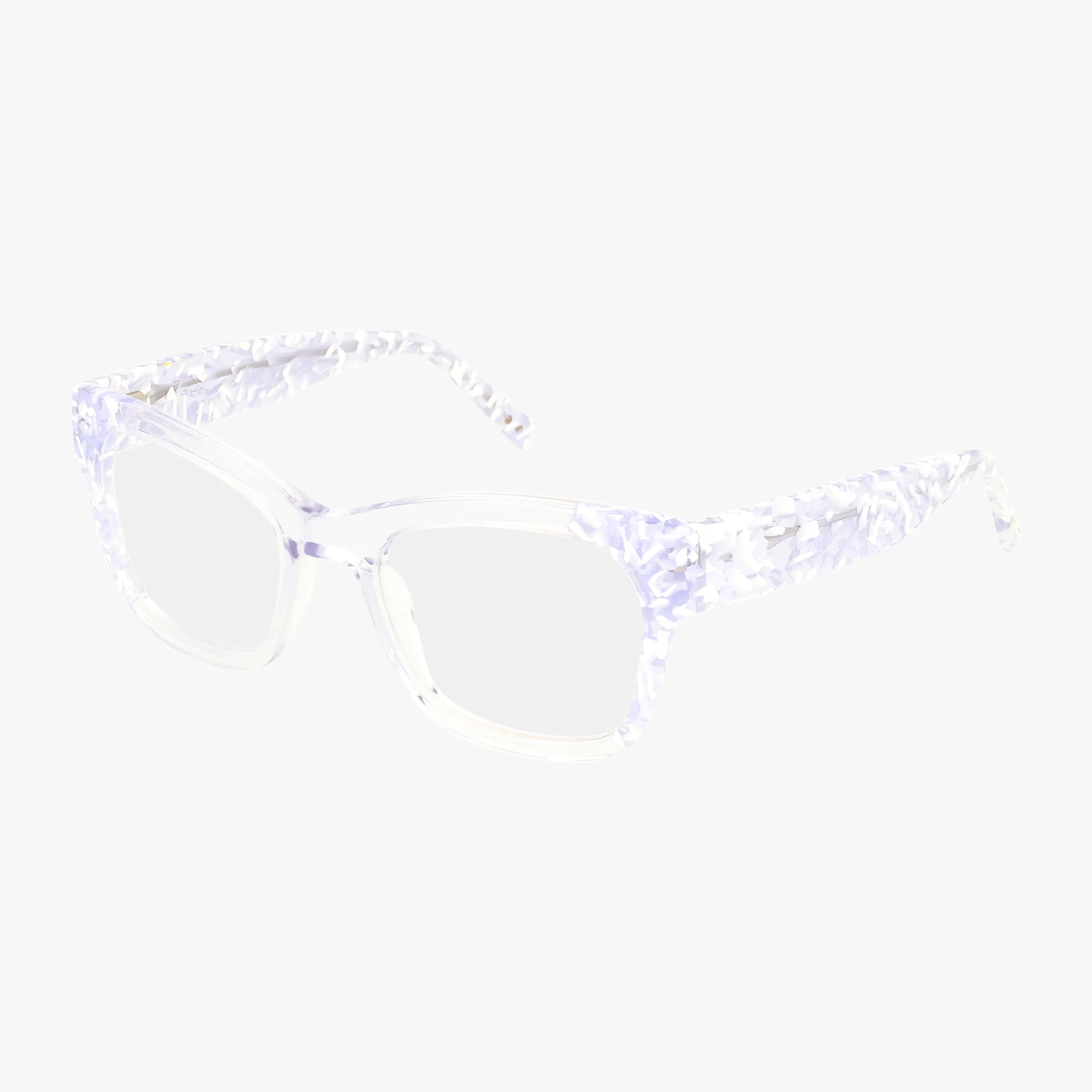 RVLO6026 translucent eyeglasses feature a modern rectangular frame with thick temples in a white and light purple marbled pattern. Displayed on a white background, these durable frames are ideal for prescription lenses.