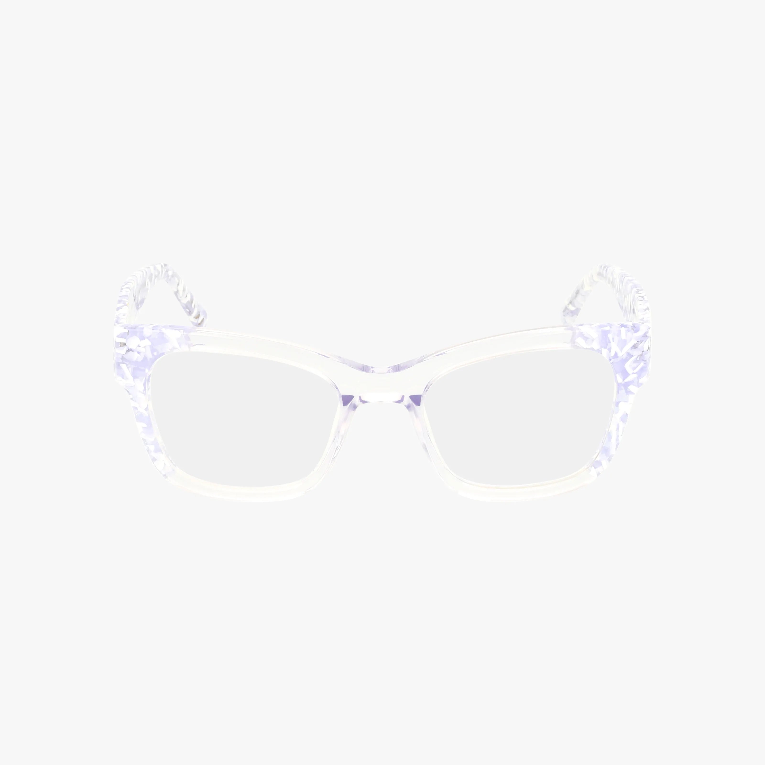 The RVLO6026 eyeglasses feature translucent frames with a hint of lavender and marbled arm detailing, offering durability for everyday use. Displayed against a plain white background.