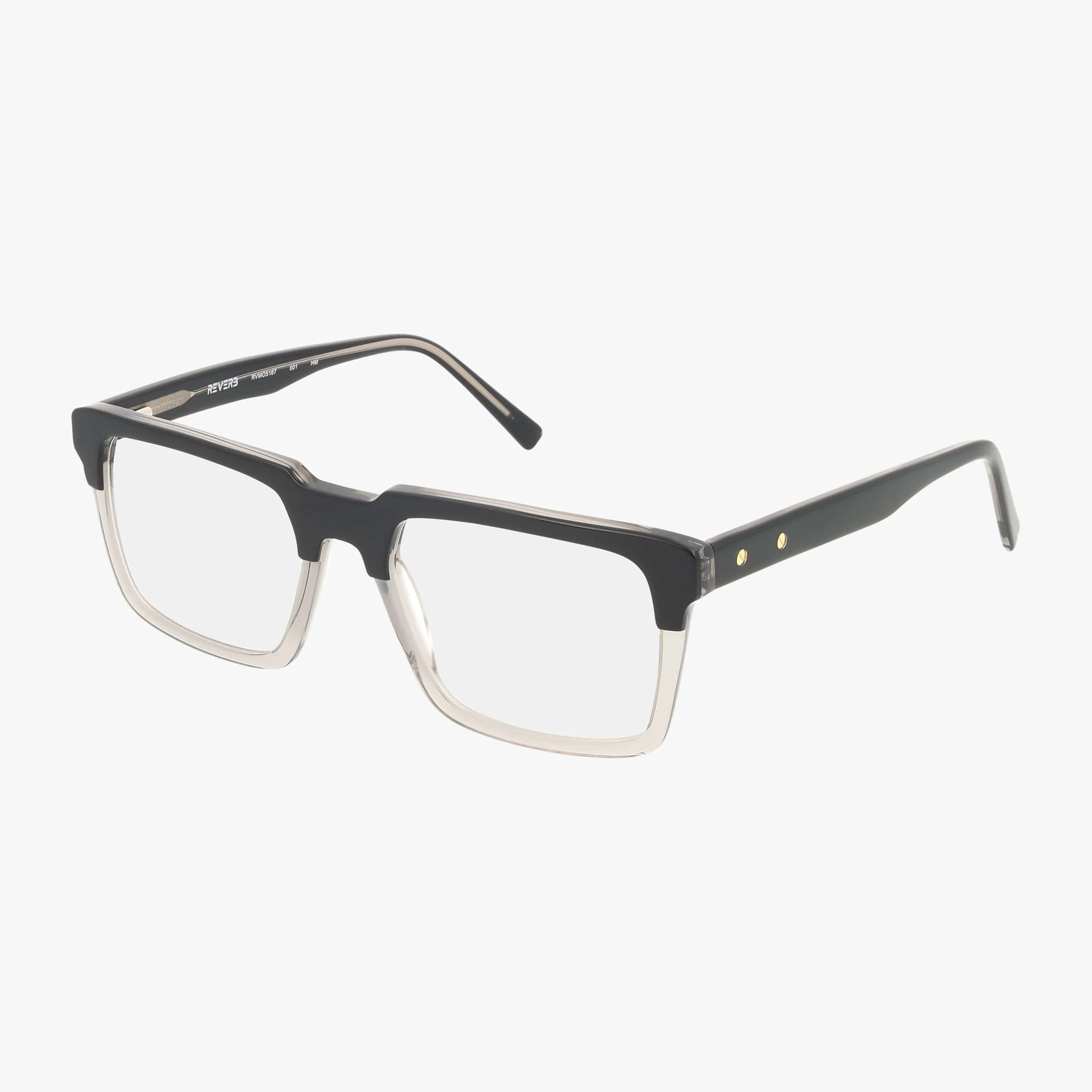 The RVMO5167 eyeglasses feature rectangular frames with black upper rims, clear lower rims, and gold accents on the temples, combining strength and style. Shown against a white background.