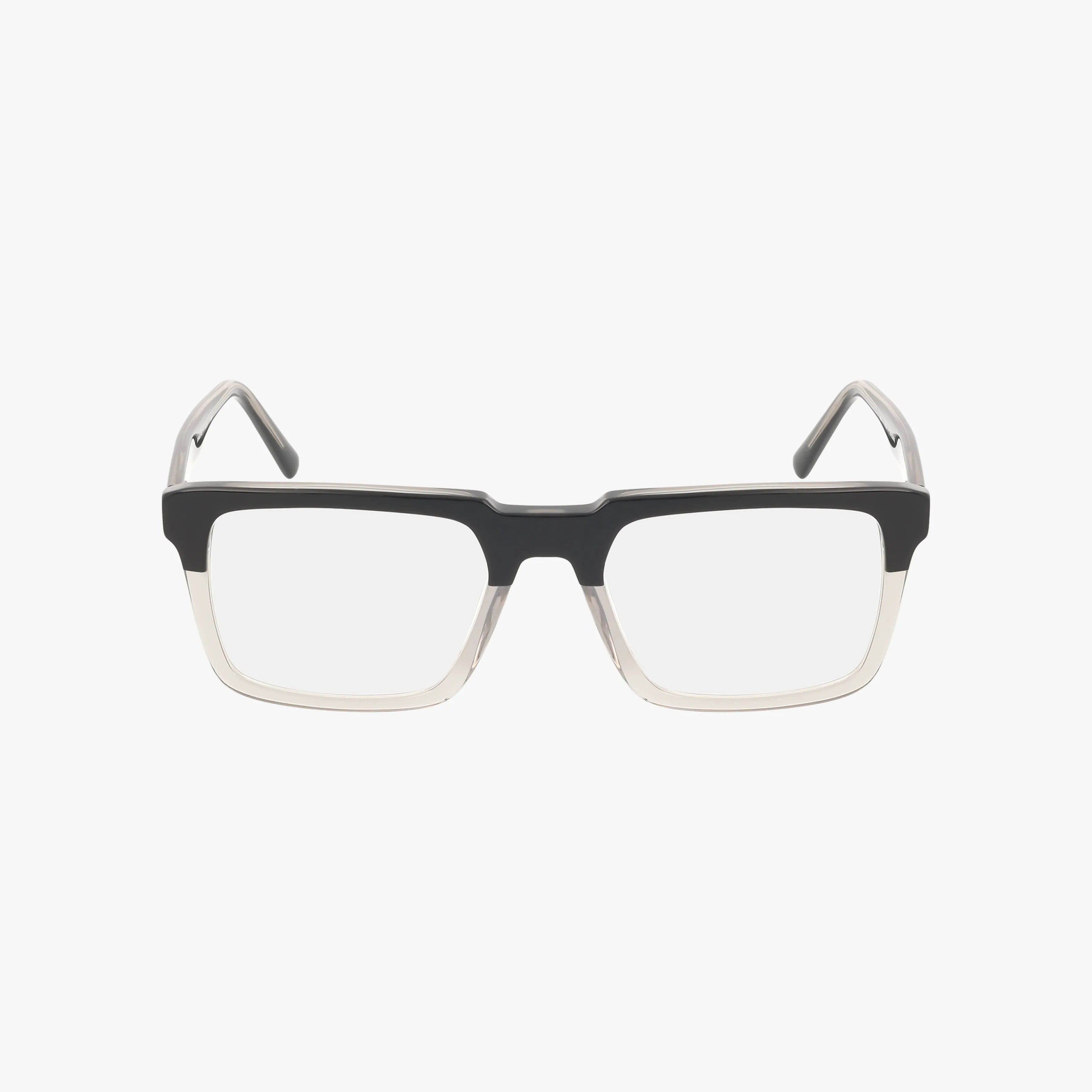 Front view of RVMO5167 rectangular eyeglasses with clear lenses, a black upper frame, transparent lower rims, and transparent temples with black tips. Also compatible with Transitions lenses for extra versatility.
