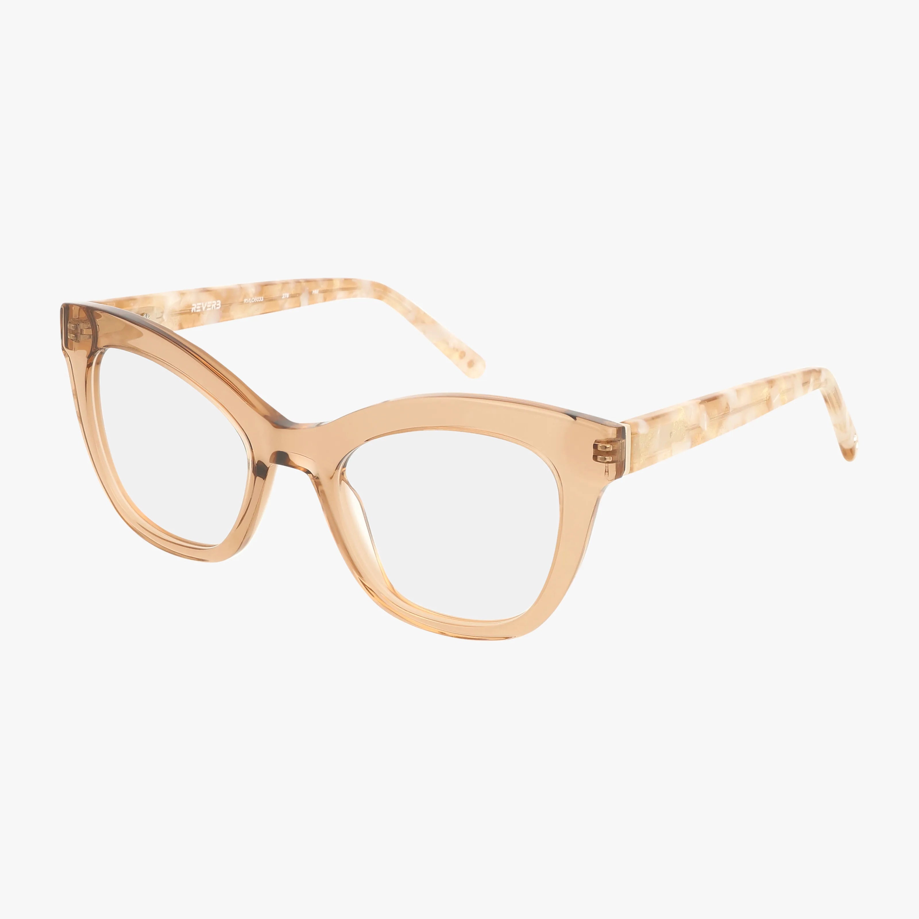 The RVLO6033 cat-eye eyeglasses feature a translucent light beige frame with clear lenses and patterned temples, shown on a white background. Customize your lenses and use vision insurance for easy online shopping.