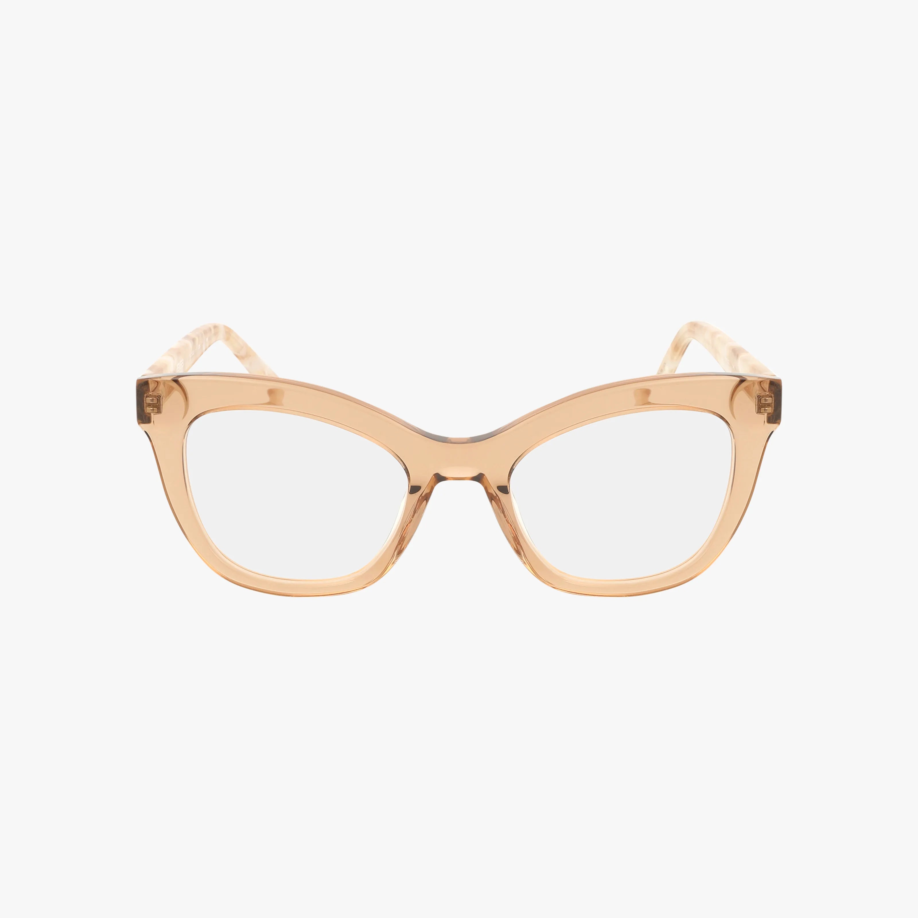 RVLO6033 translucent peach cat-eye eyeglasses with clear lenses and a modern frame, displayed on a plain white background.