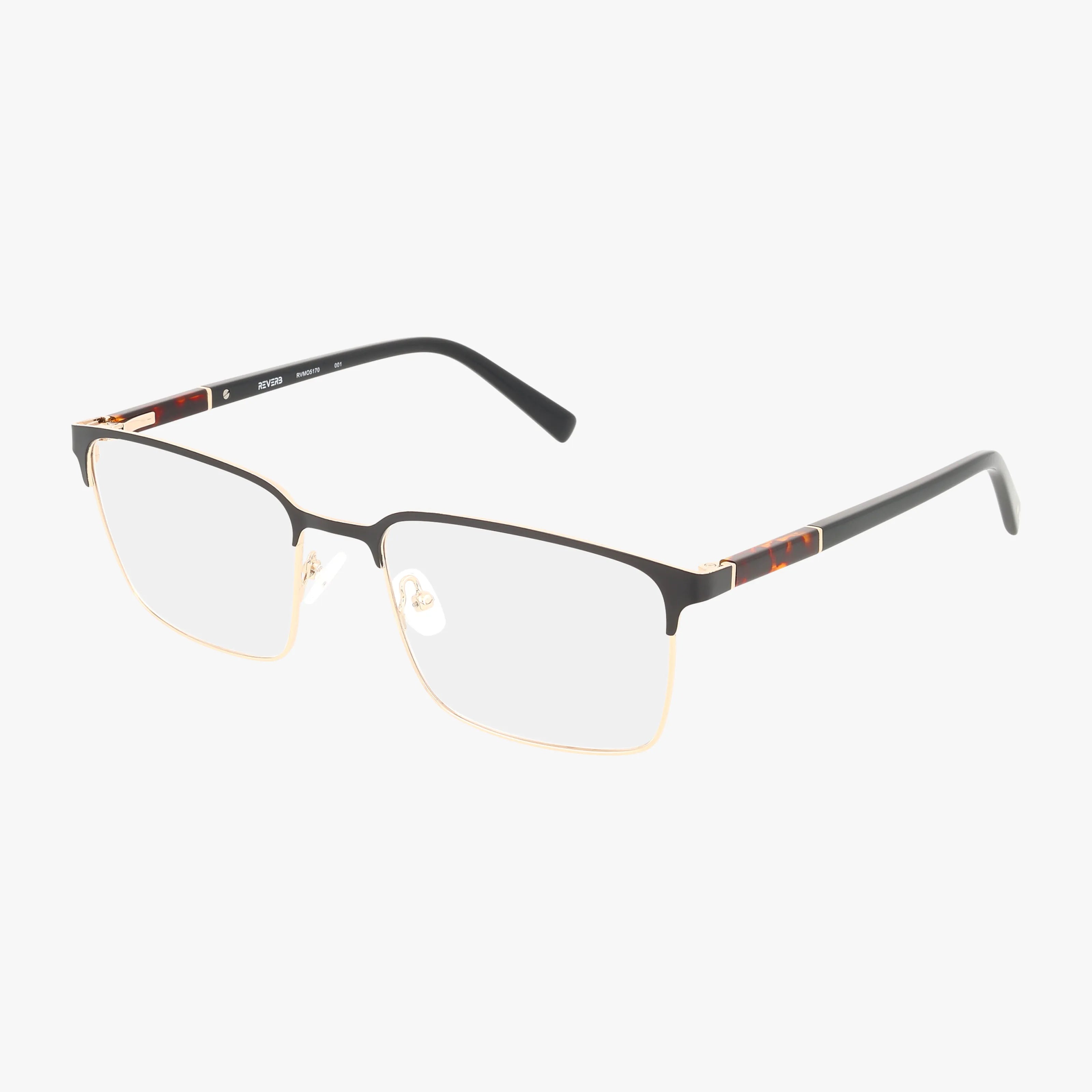 The RVMO5170 features rectangular eyeglasses with thin black and gold metal frames, clear lenses, and black arms with subtle tortoiseshell accents—a sophisticated choice combining style and durability.