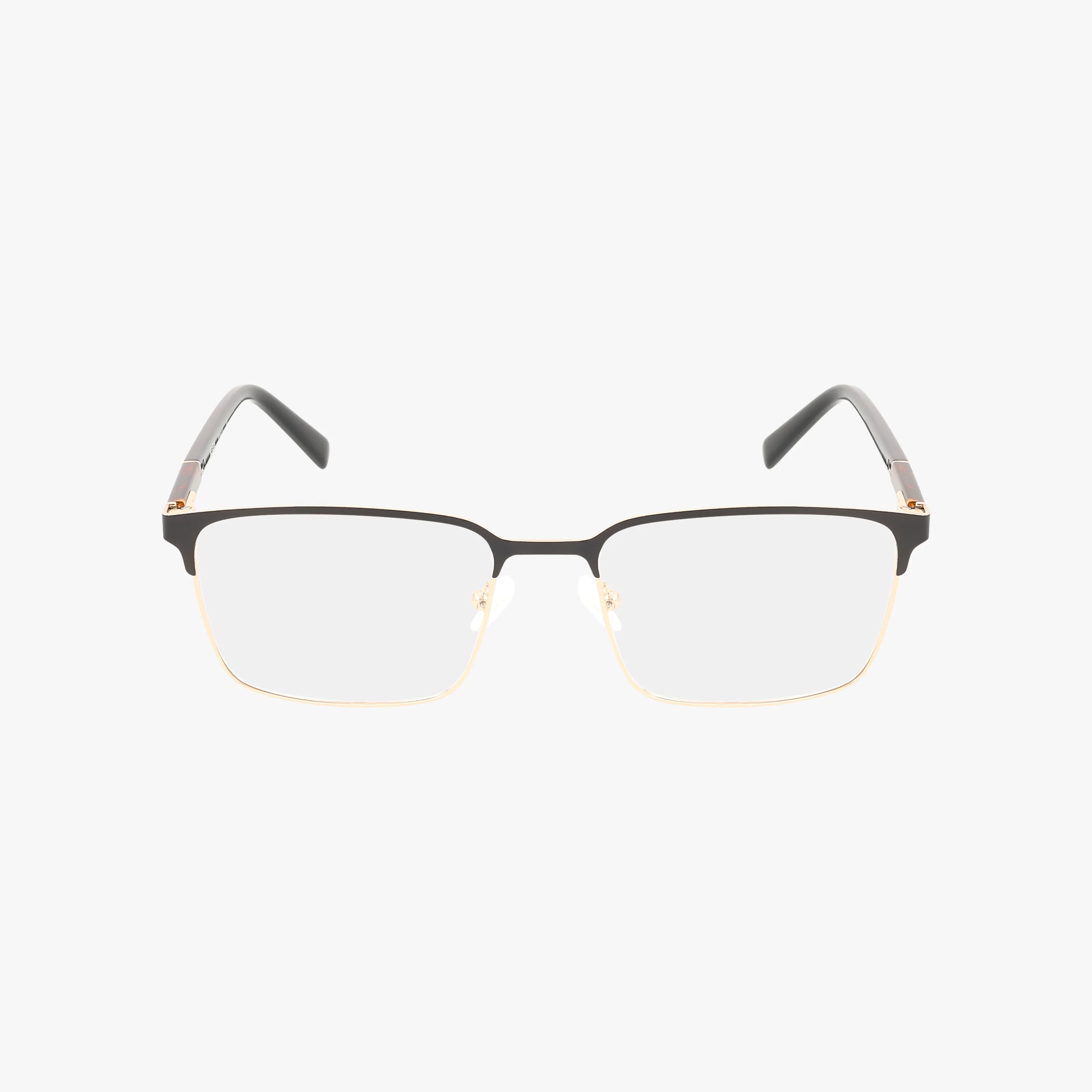 The RVMO5170 eyeglasses are rectangular frames with thin black and gold metal, clear lenses, and black temple tips—ideal for durability. Displayed on a white background.
