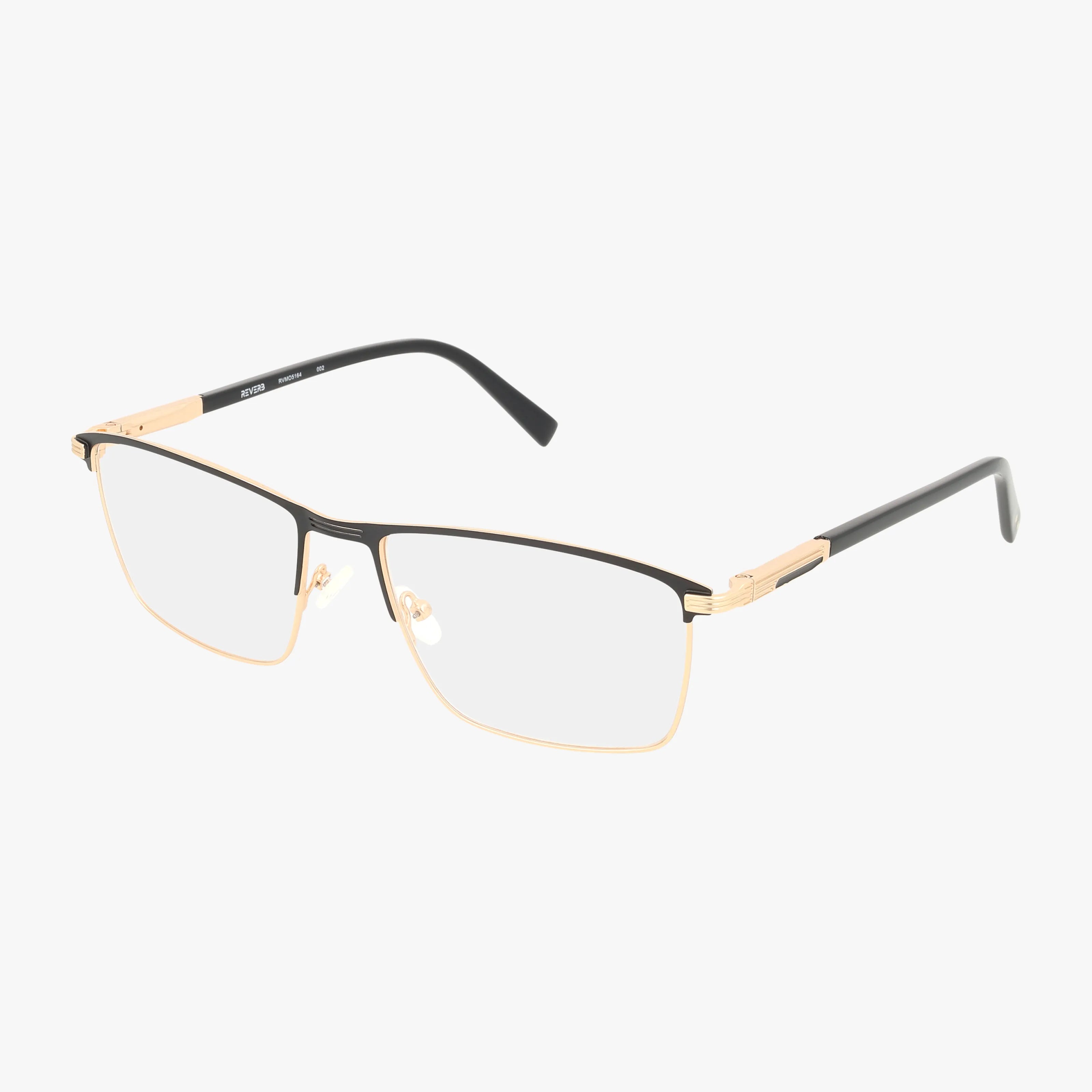 The RVMO5164 features rectangular eyeglasses with thin black and gold metal frames, clear lenses, and black temple arms, offering a tailored design for modern eyewear enthusiasts. Displayed on a white background.