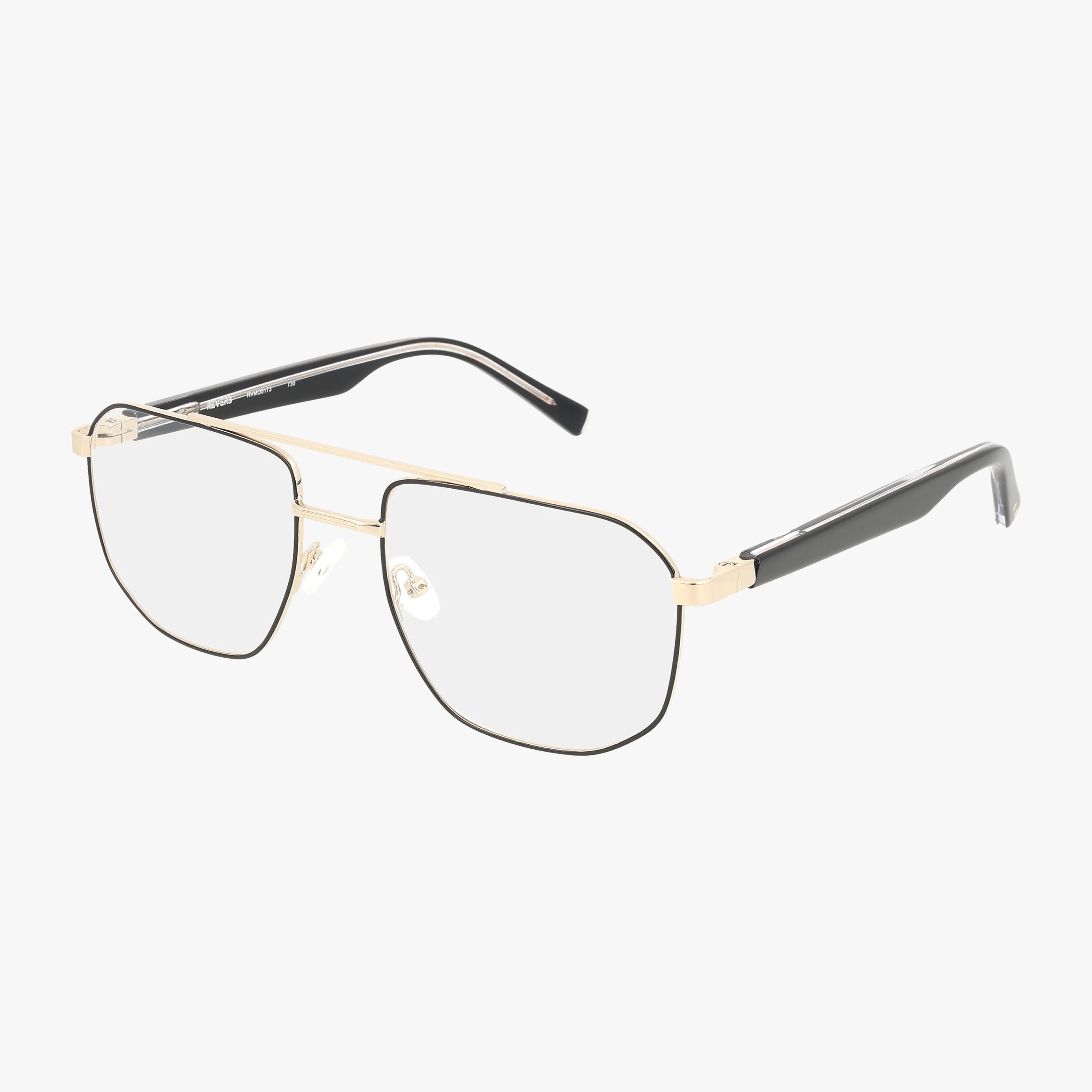 RVMO5173 is an aviator-style eyeglass with gold rims, large clear lenses, and black temples, displayed on a white background.