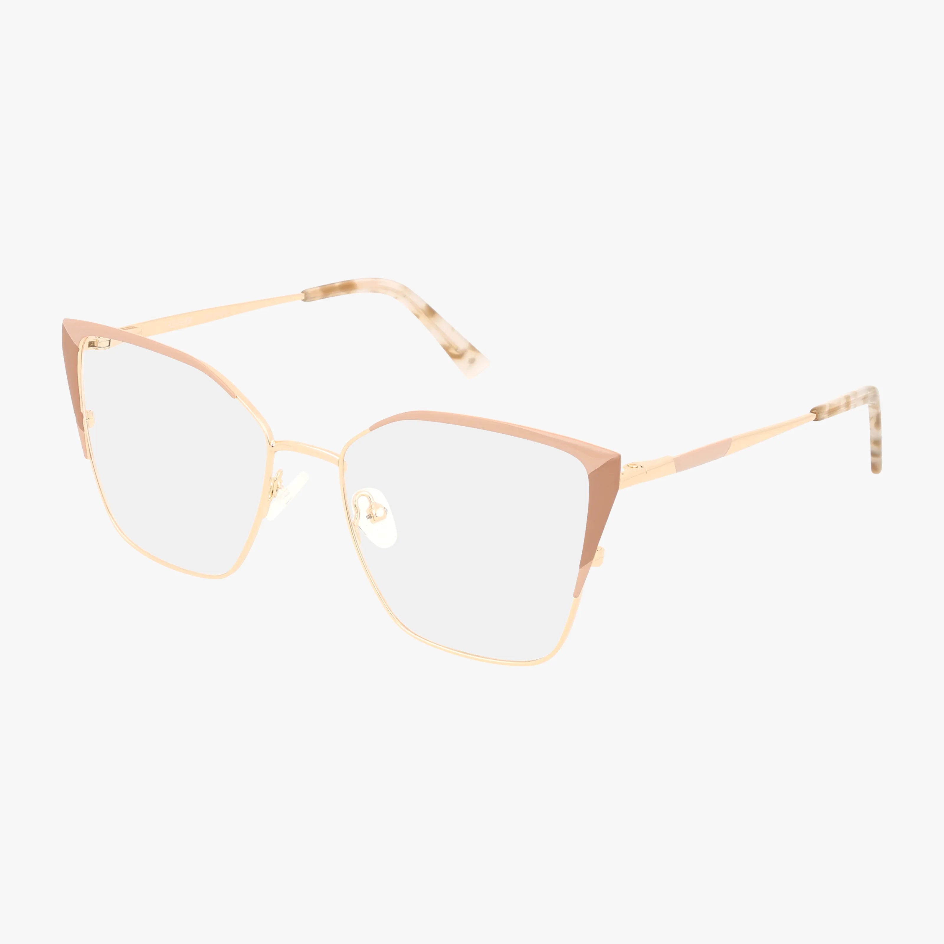 The RVLO6040 features gold metal cat-eye frames with clear lenses, pink accents on the corners, and gold-beige patterned temple arms. Lightweight and perfect for everyday wear, these eyeglasses are displayed on a white background.