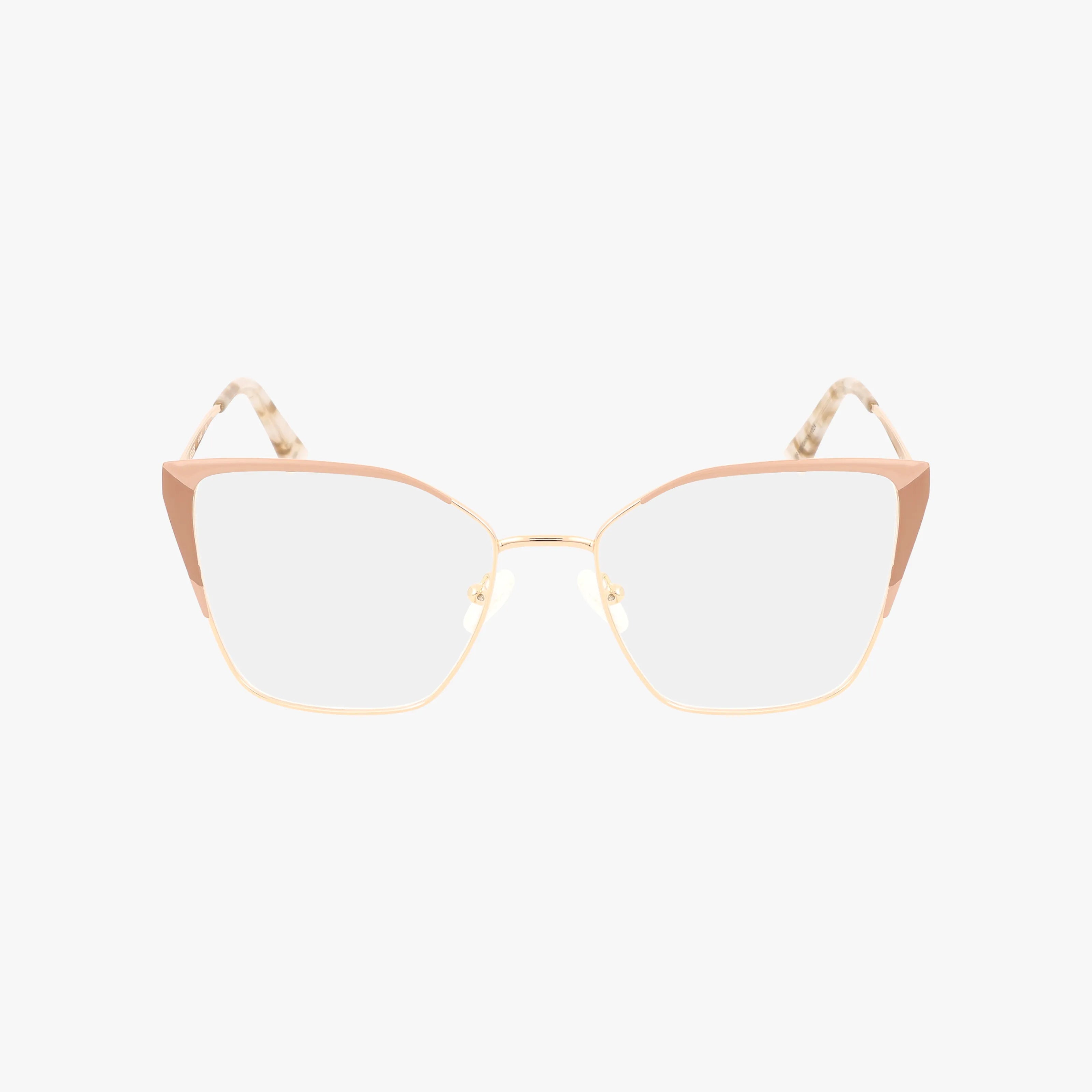The RVLO6040 eyeglasses feature gold frames with large, subtle cat-eye clear lenses and light pink accents on the upper corners. Lightweight and perfect for everyday wear, they are shown against a white background.