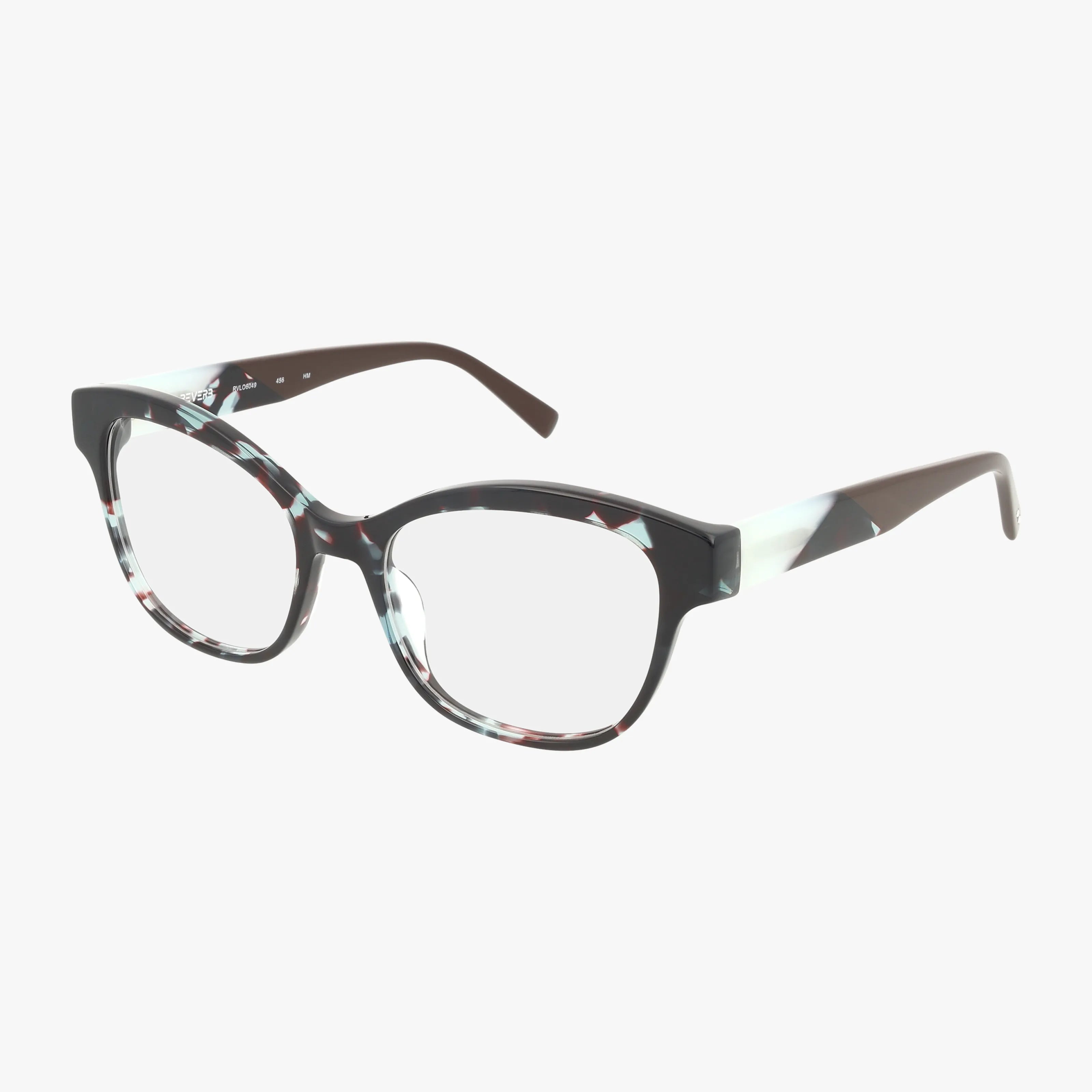 The RVLO6049 eyeglasses feature thick, round frames with a glossy black, white, and light blue pattern. Their resilient frame and modern design stand out against a plain white background.