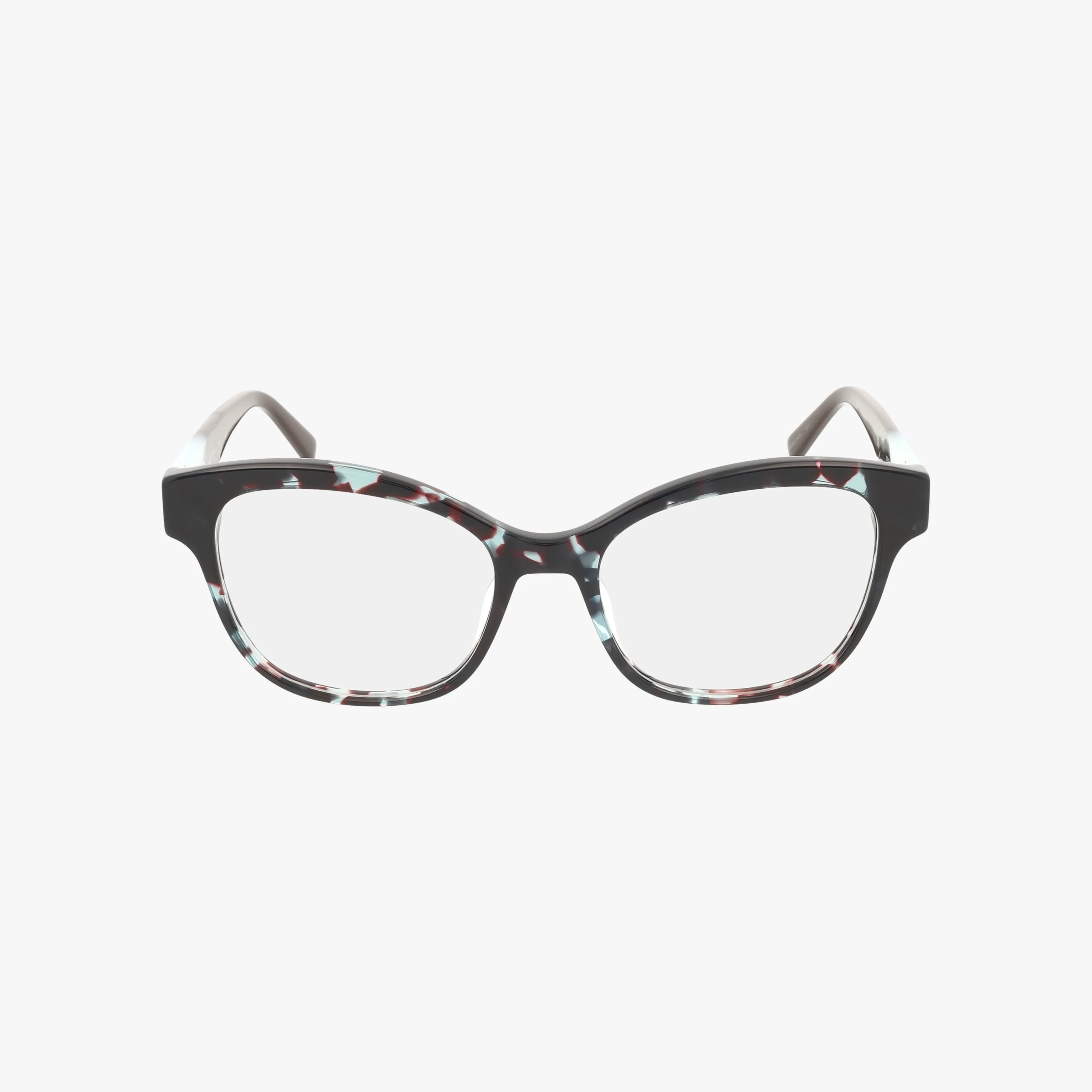 RVLO6049 cat-eye eyeglasses feature a resilient frame with a black and multicolored marbled pattern, clear lenses, and rounded edges, shown on a white background.