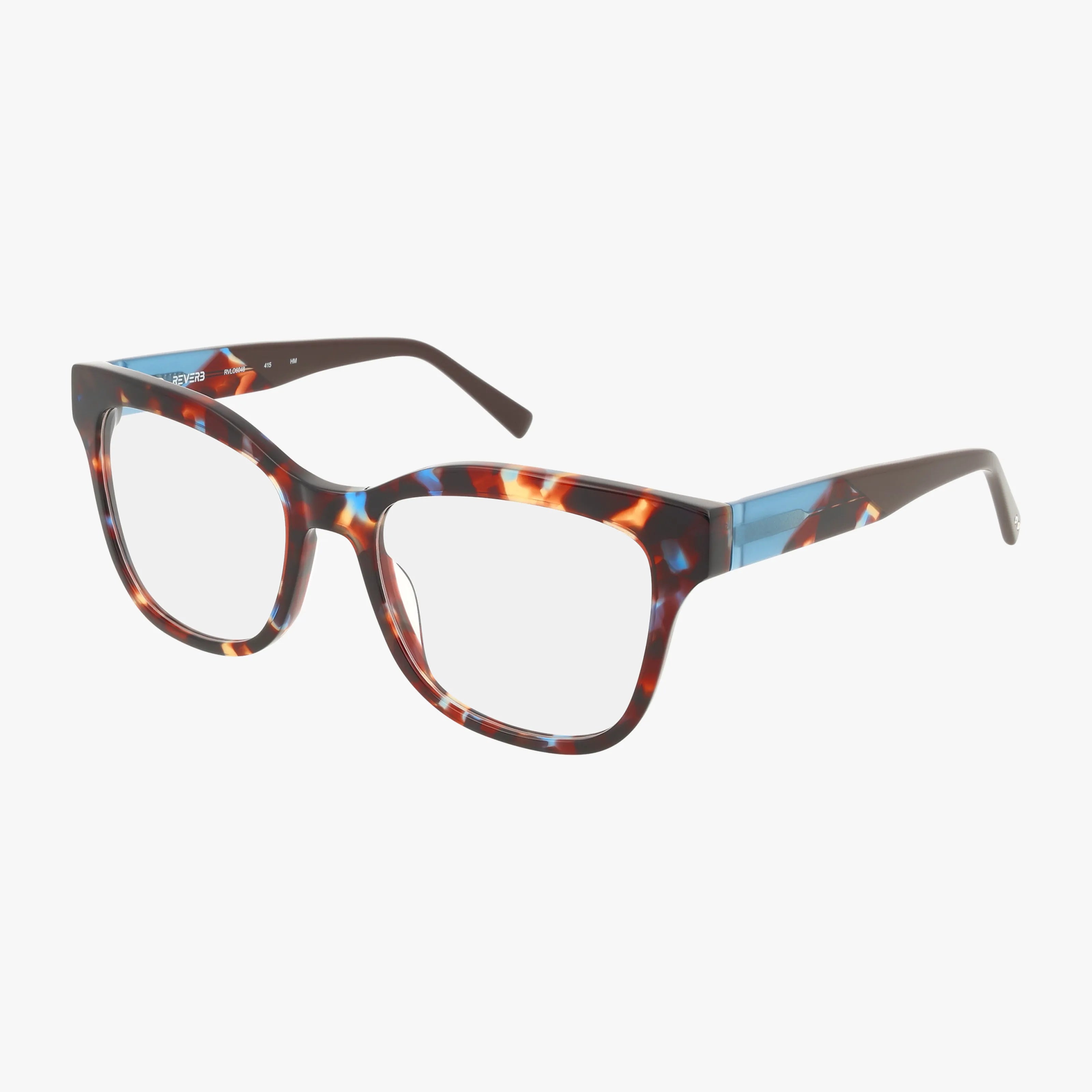 The RVLO6048 eyeglasses feature square frames in a multicolored tortoiseshell pattern with brown, blue, orange, and beige hues. Their minimalist design and modern durability are showcased against a white background.